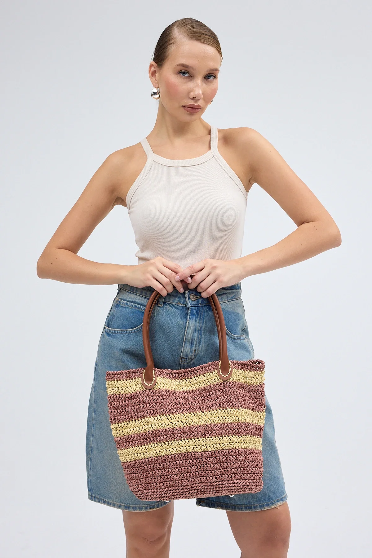 El yapımı Astarlı Kahverengi Hasır Çanta