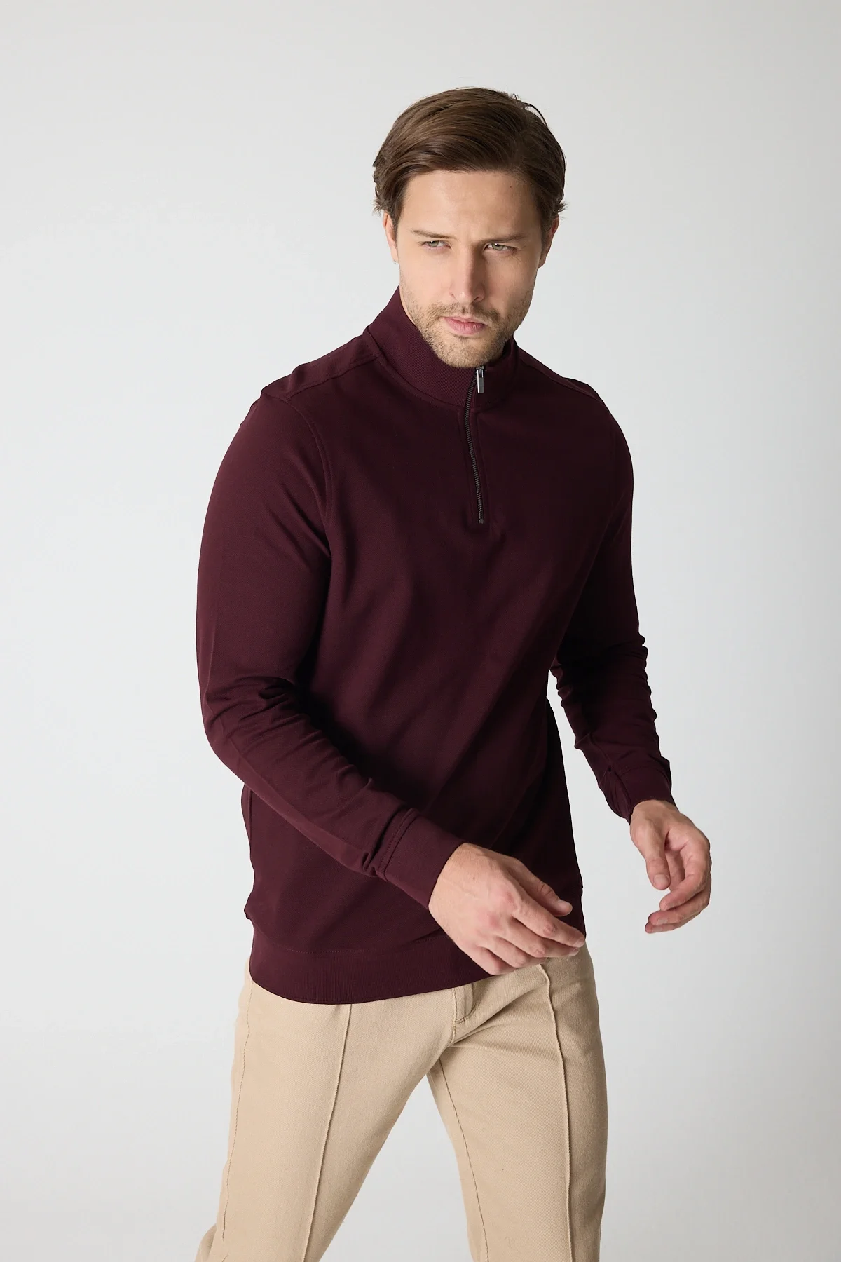 Erkek Dik Yaka Fermuarlı Sweatshirt - Bordo