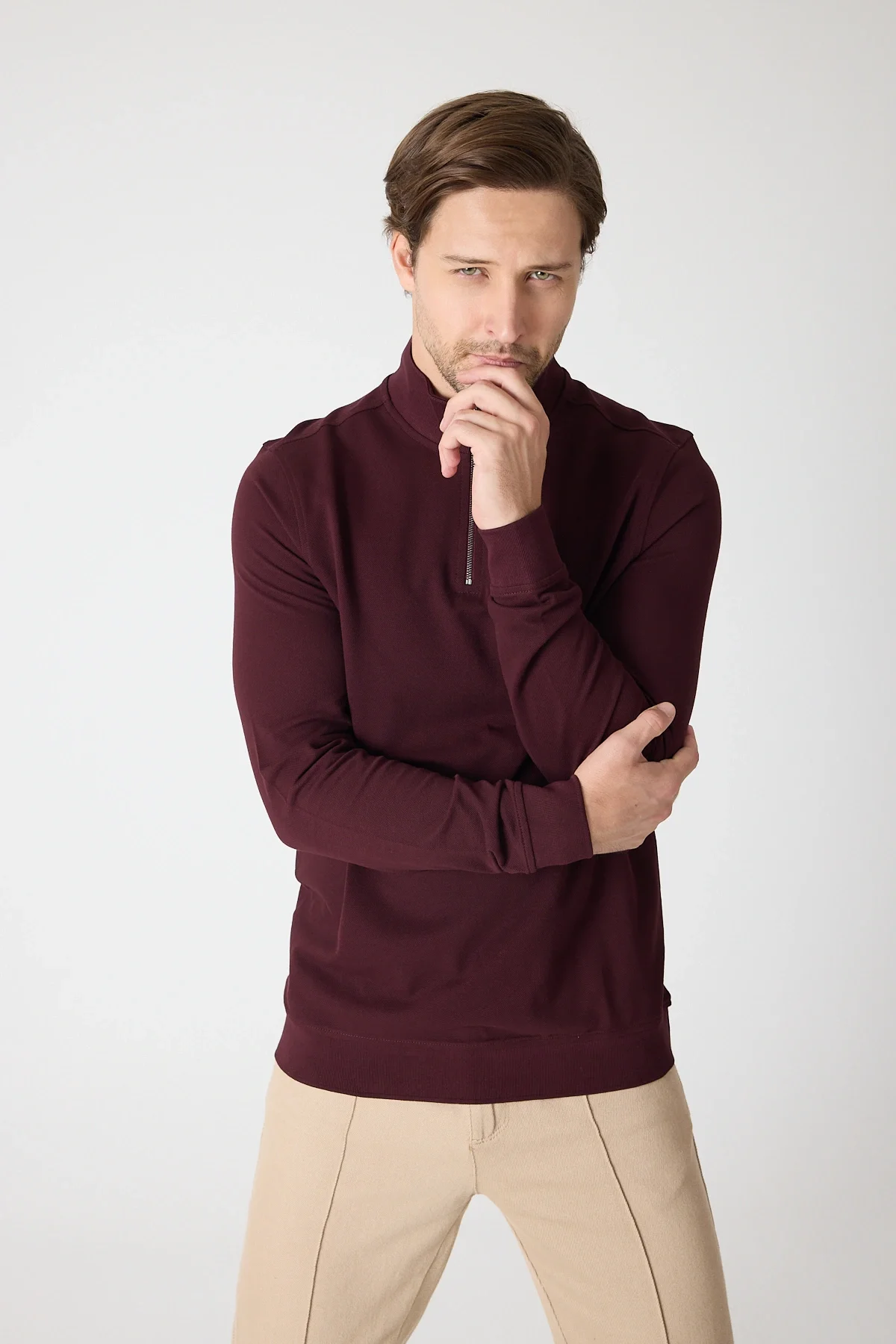 Erkek Dik Yaka Fermuarlı Sweatshirt - Bordo