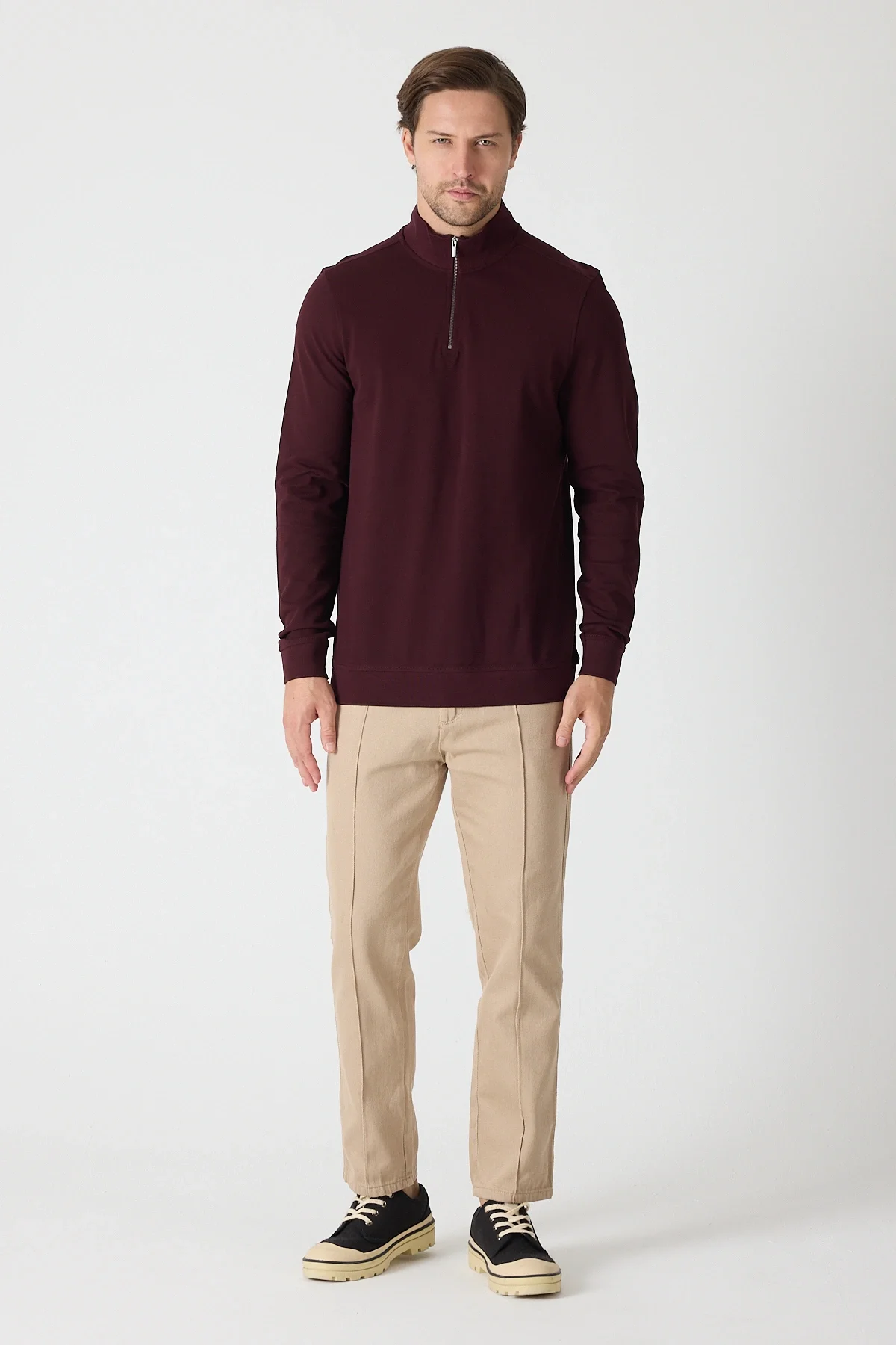 Erkek Dik Yaka Fermuarlı Sweatshirt - Bordo