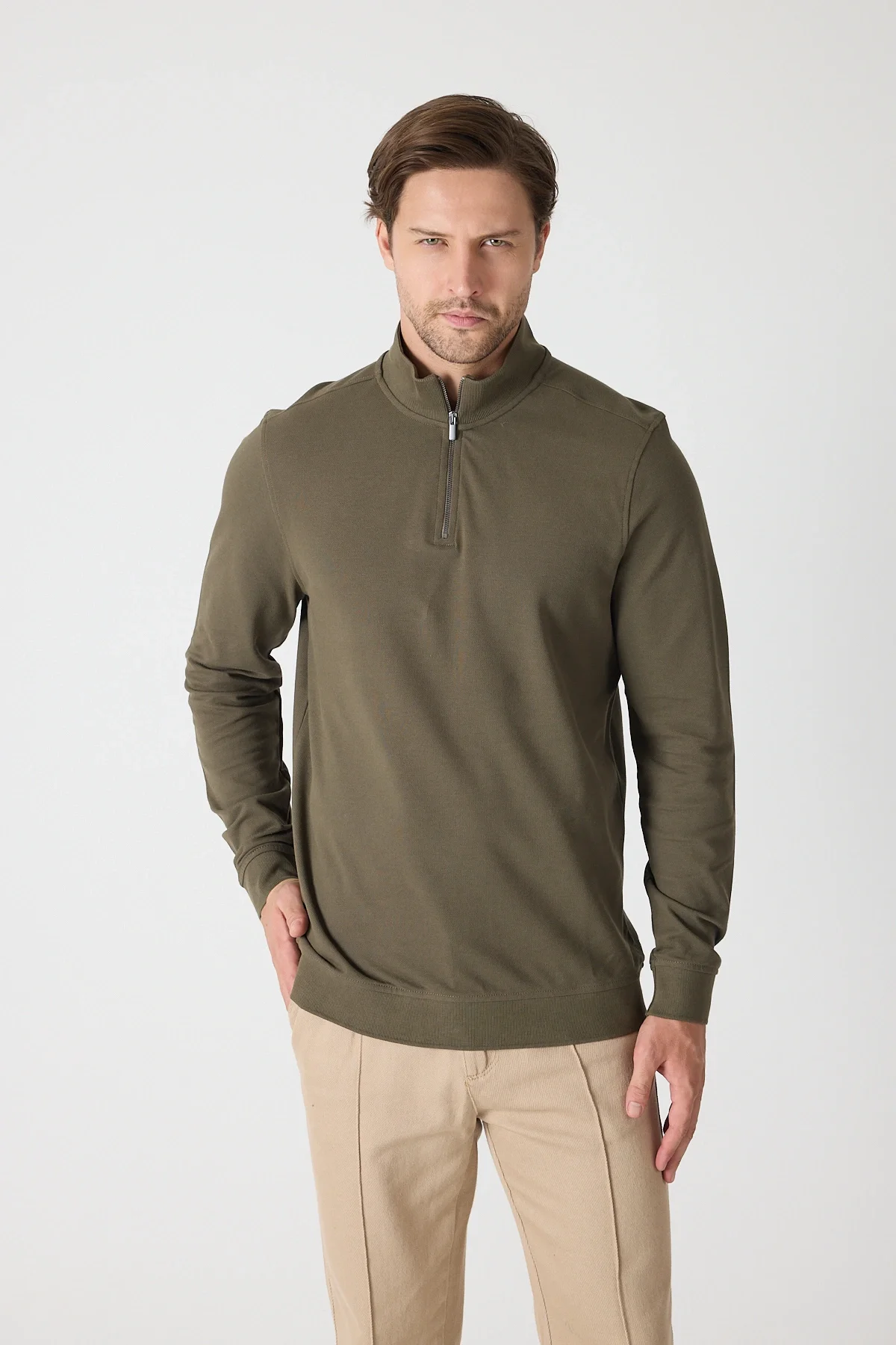 Erkek Dik Yaka Fermuarlı Sweatshirt - Haki