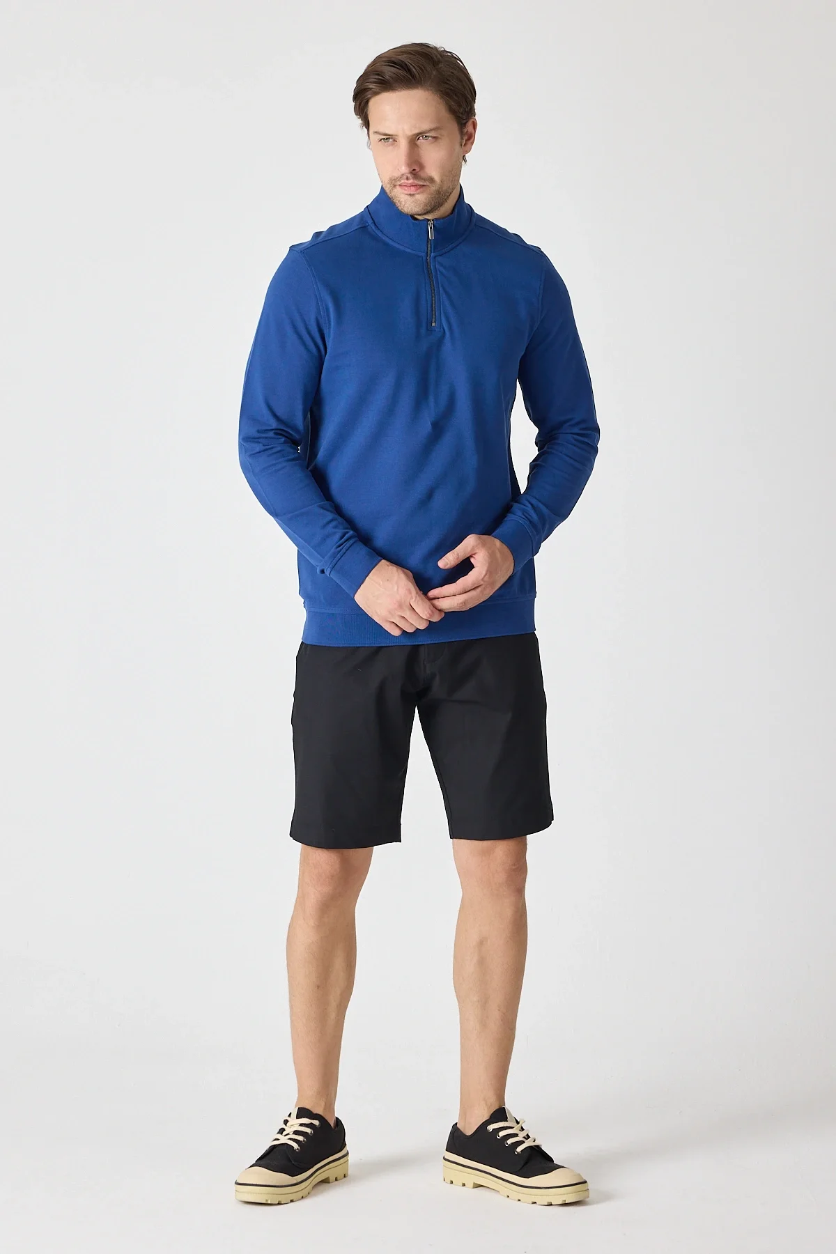 Erkek Dik Yaka Fermuarlı Sweatshirt - İndigo
