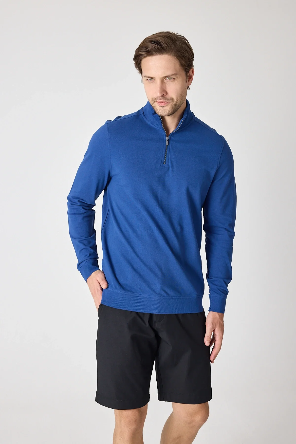 Erkek Dik Yaka Fermuarlı Sweatshirt - İndigo