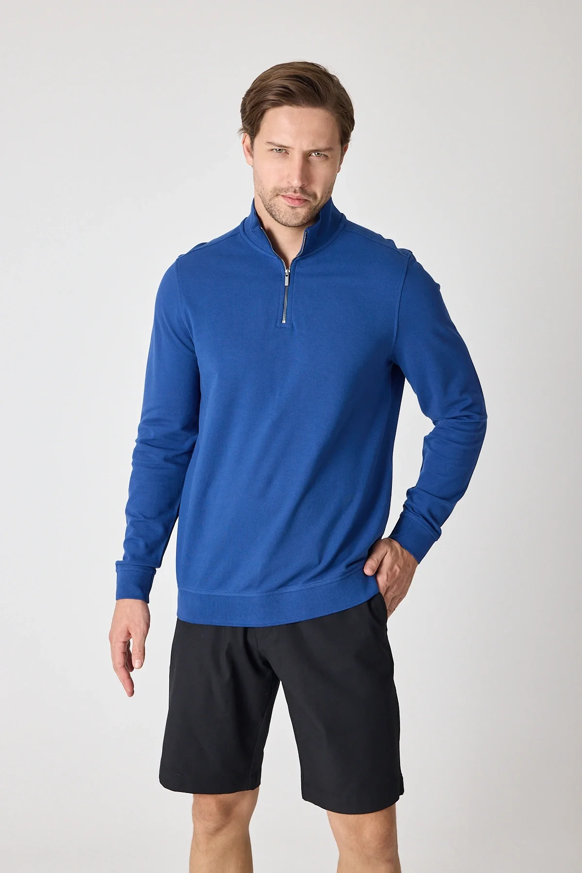 Erkek Dik Yaka Fermuarlı Sweatshirt - İndigo