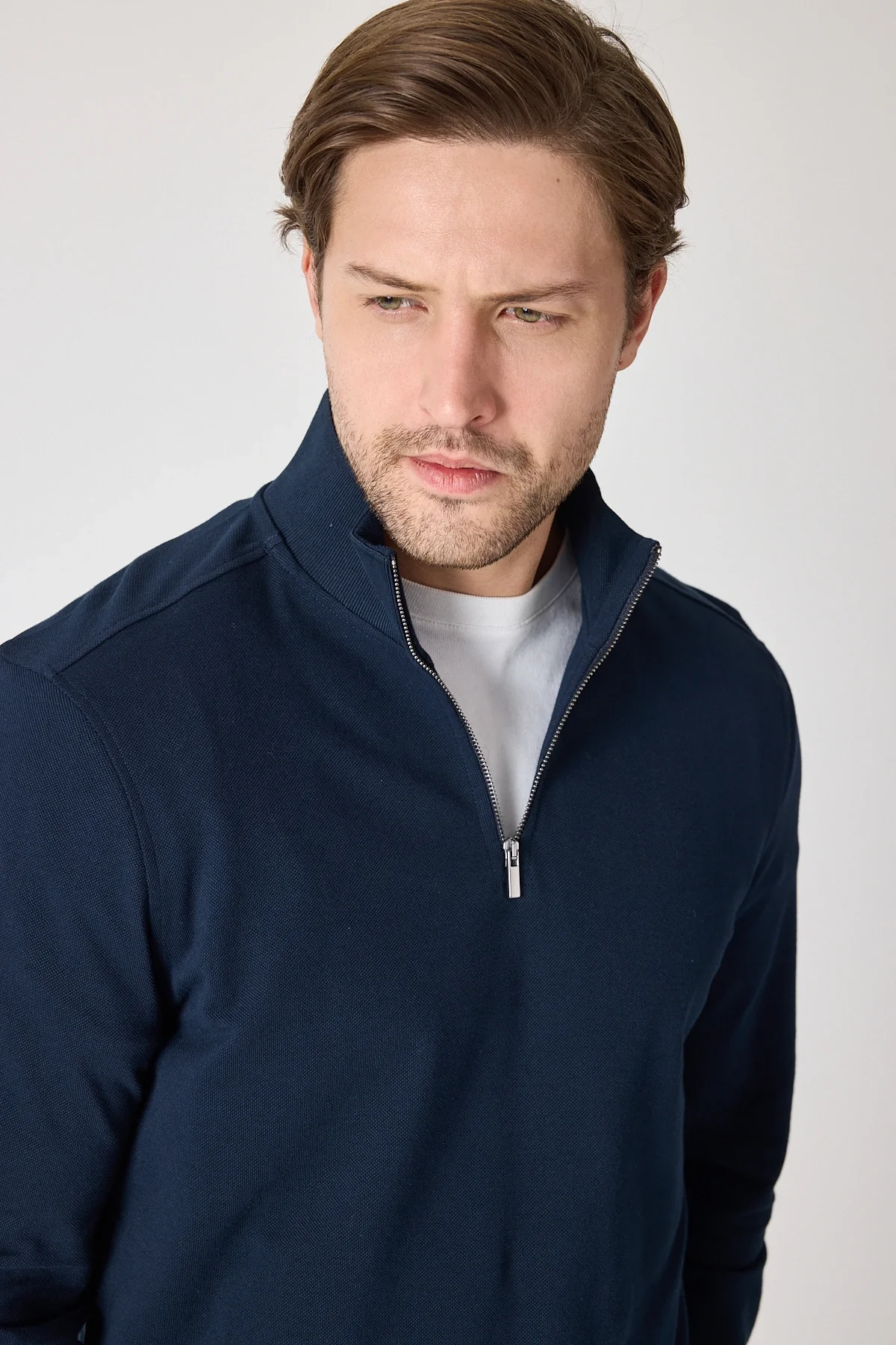 Erkek Dik Yaka Fermuarlı Sweatshirt - Lacivert