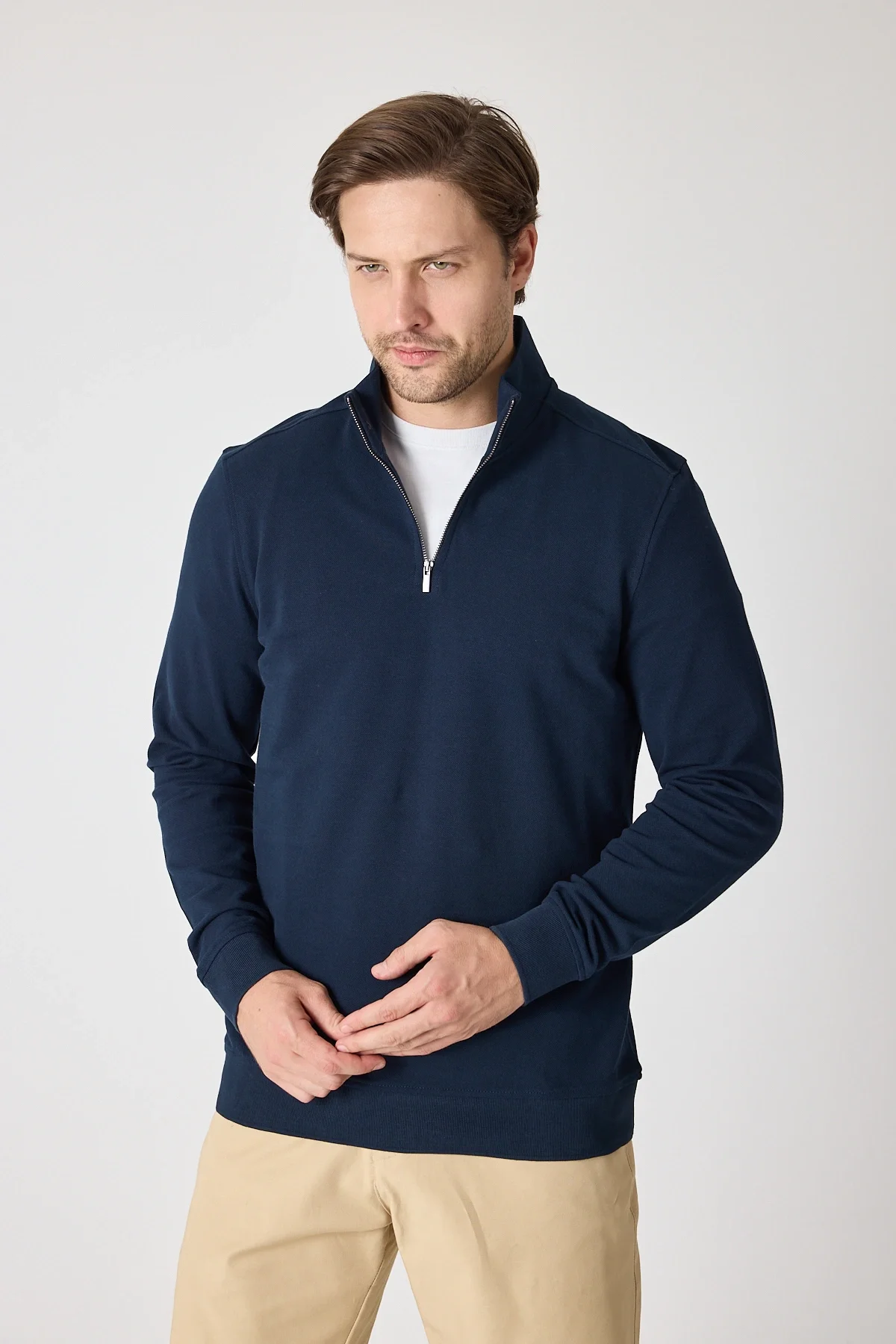 Erkek Dik Yaka Fermuarlı Sweatshirt - Lacivert