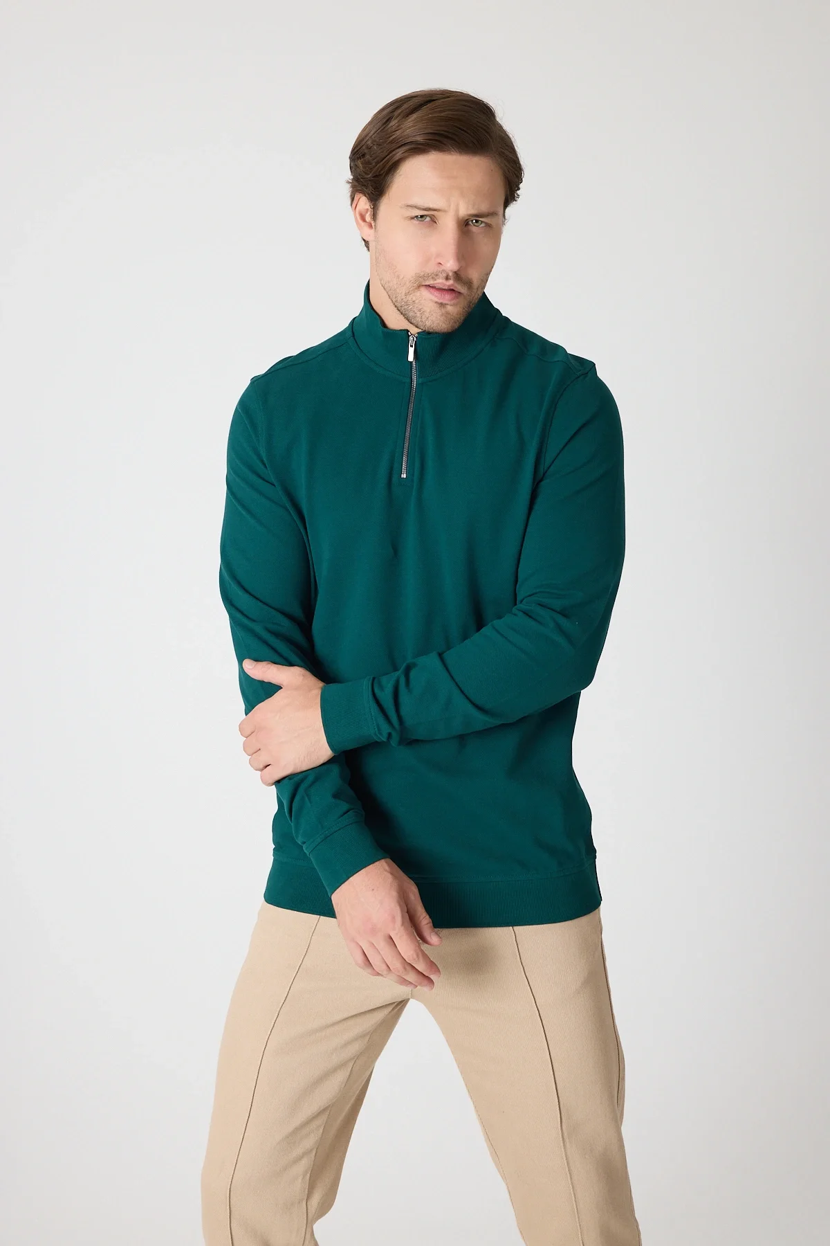 Erkek Dik Yaka Fermuarlı Sweatshirt - Nefti