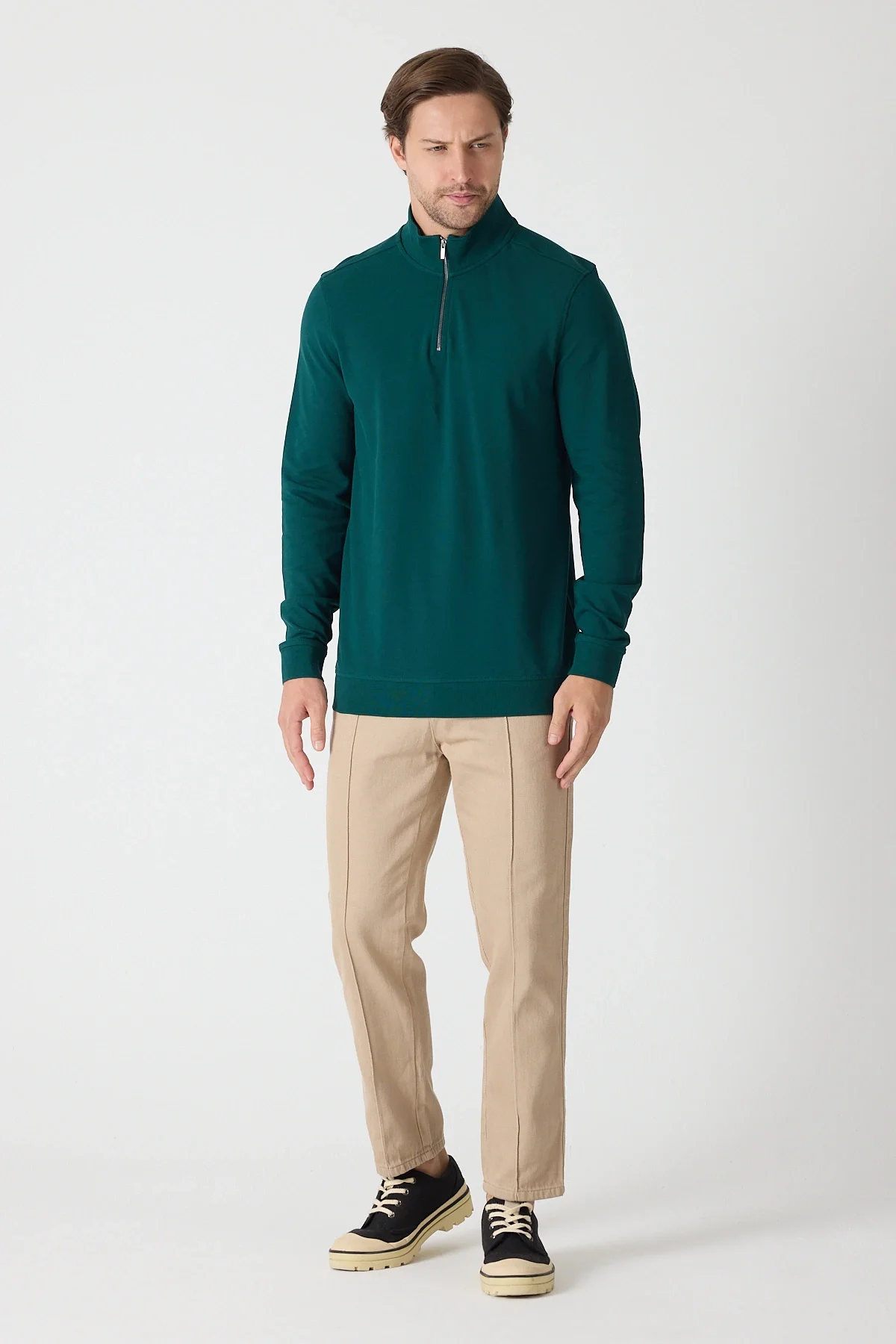 Erkek Dik Yaka Fermuarlı Sweatshirt - Nefti