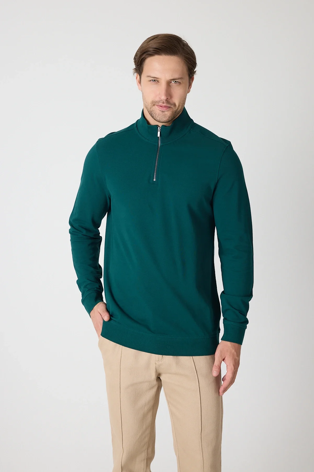 Erkek Dik Yaka Fermuarlı Sweatshirt - Nefti