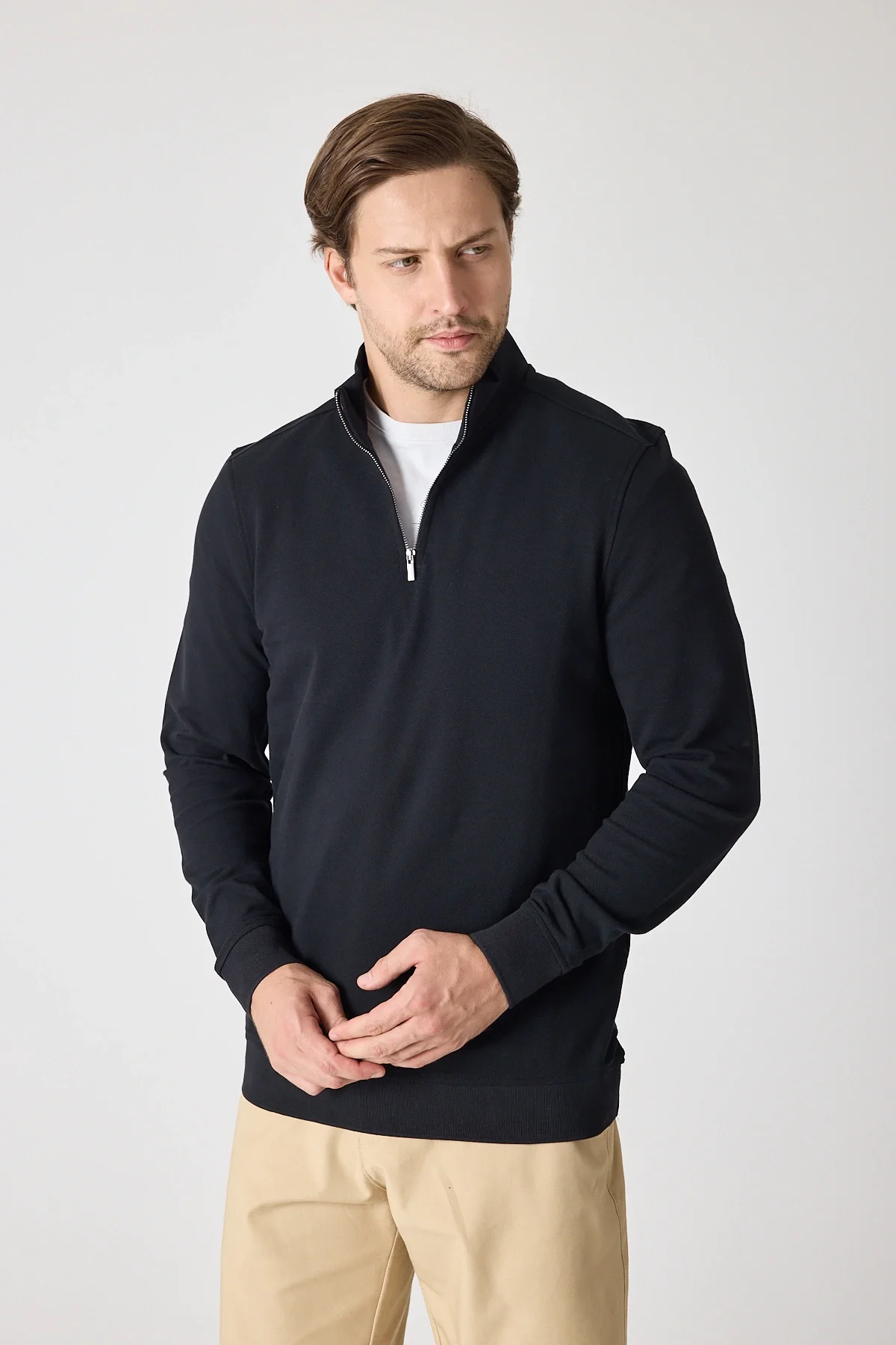 Erkek Dik Yaka Fermuarlı Sweatshirt - Siyah