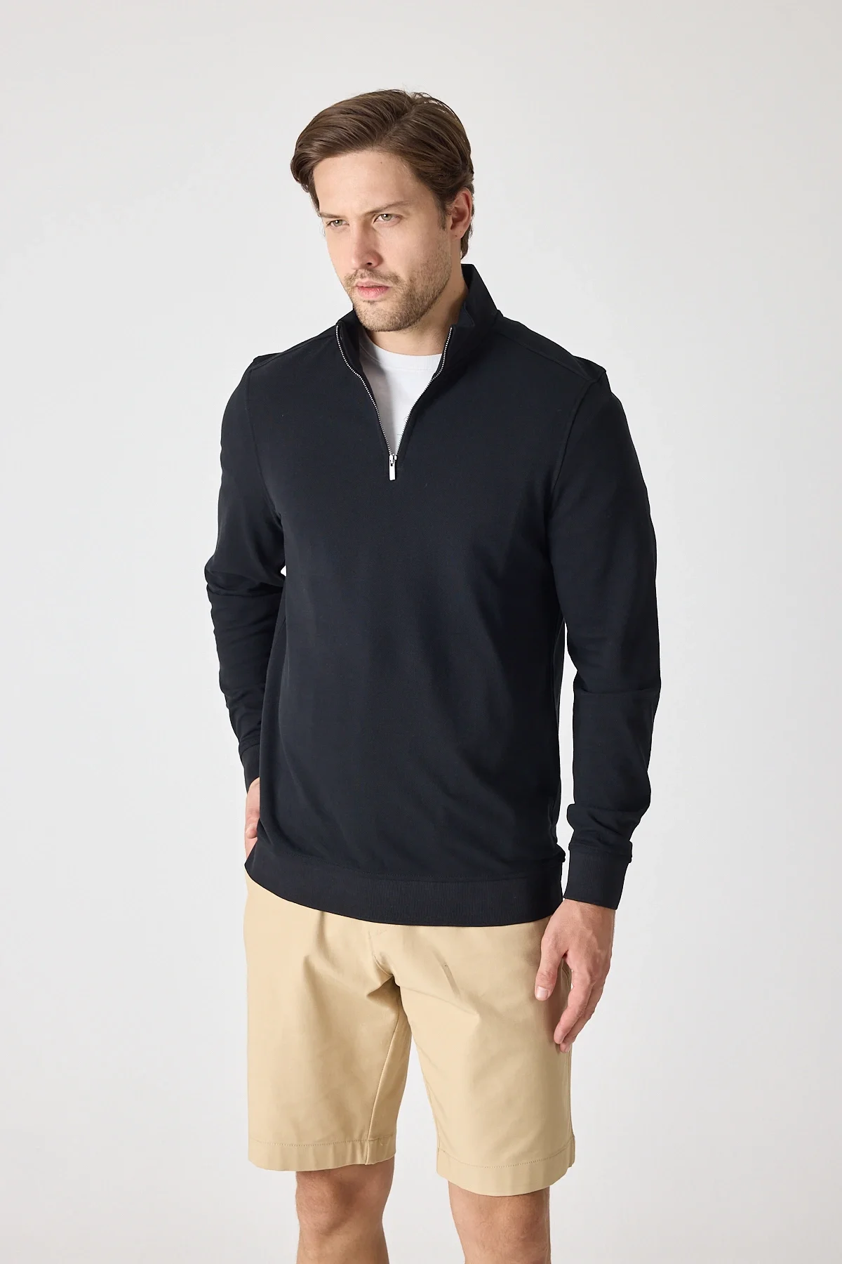 Erkek Dik Yaka Fermuarlı Sweatshirt - Siyah