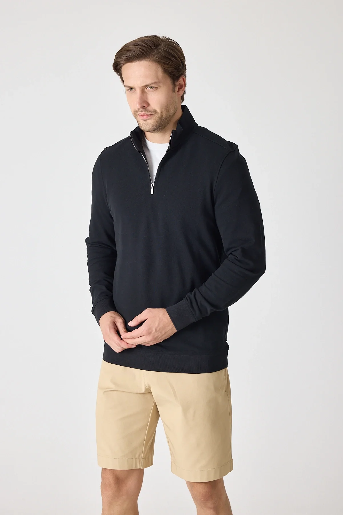 Erkek Dik Yaka Fermuarlı Sweatshirt - Siyah