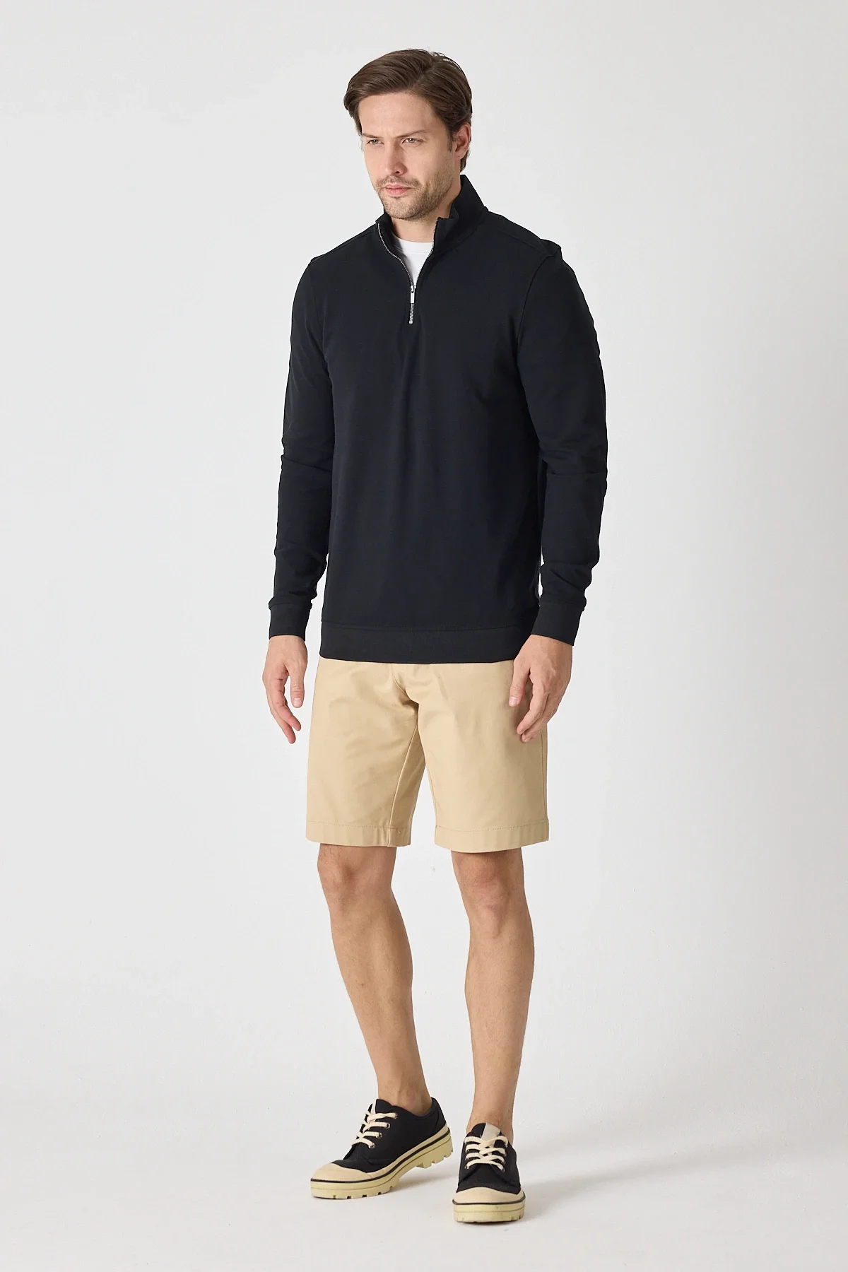 Erkek Dik Yaka Fermuarlı Sweatshirt - Siyah