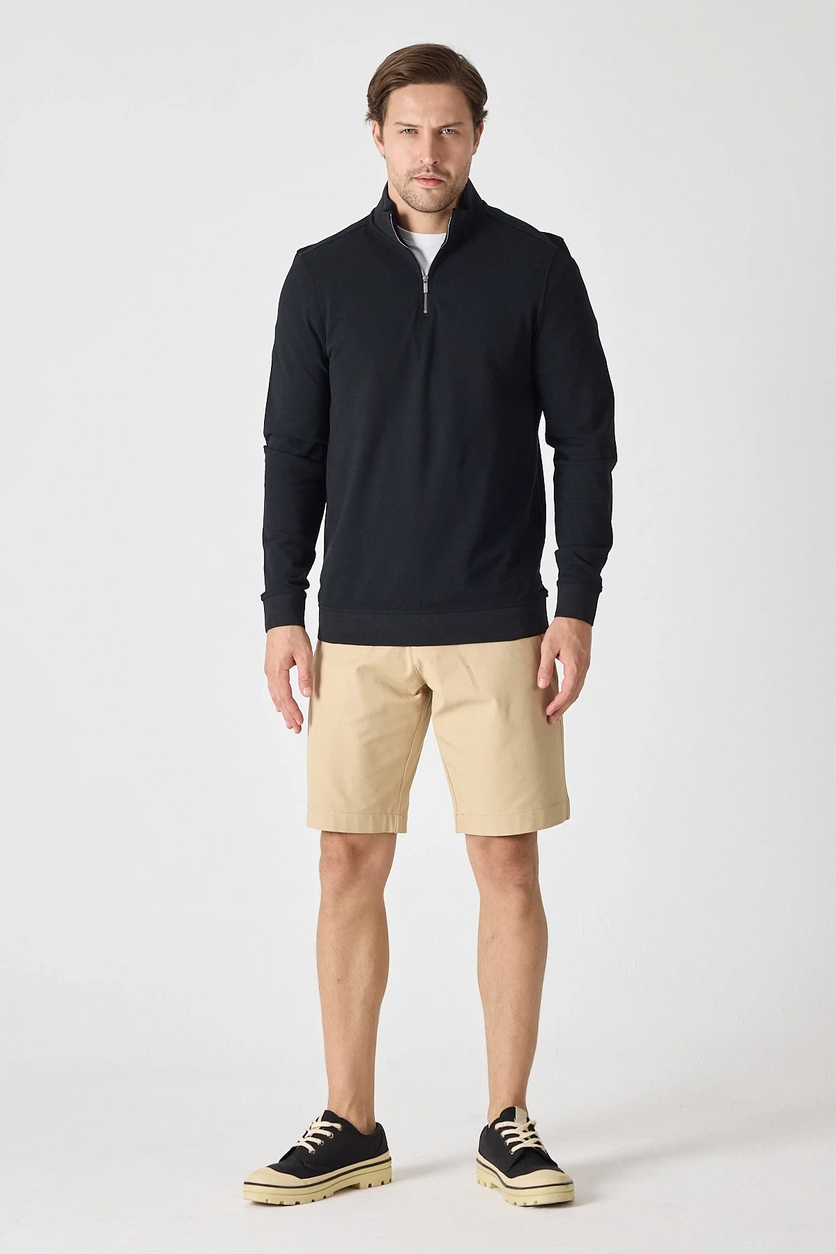 Erkek Dik Yaka Fermuarlı Sweatshirt - Siyah