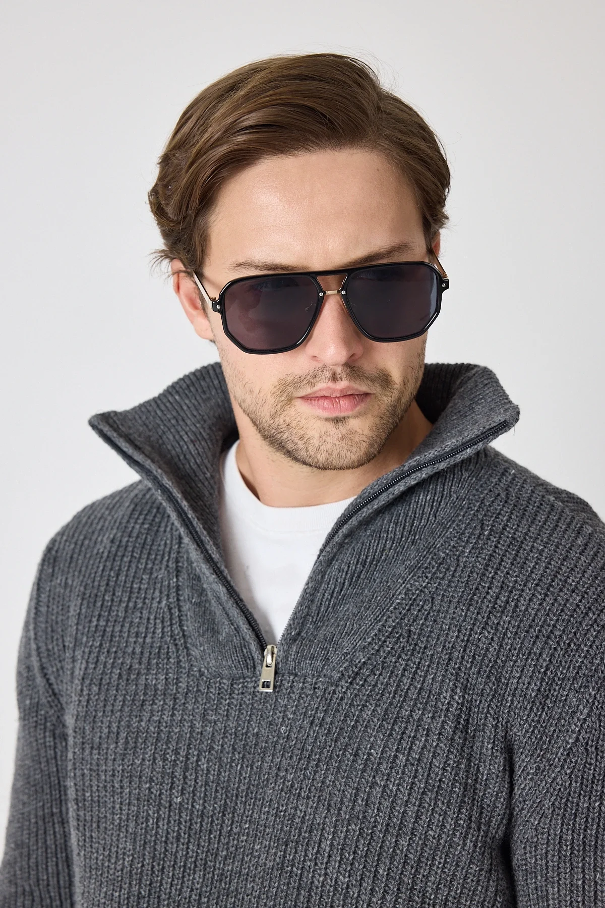 Erkek Dik Yaka Fermuarlı Triko Kazak - Antrtasit