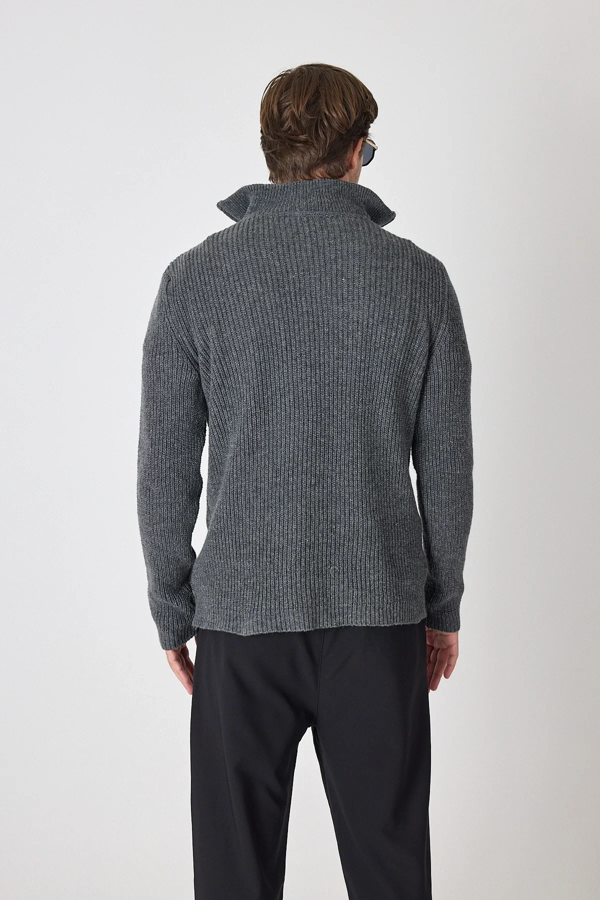 Erkek Dik Yaka Fermuarlı Triko Kazak - Antrtasit