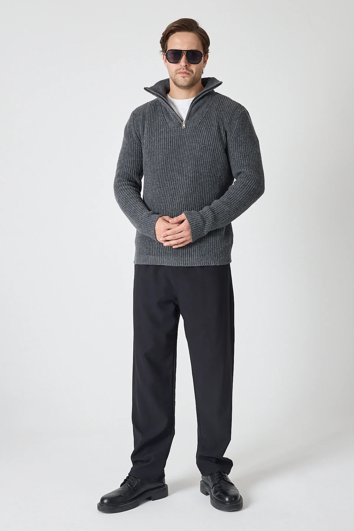 Erkek Dik Yaka Fermuarlı Triko Kazak - Antrtasit