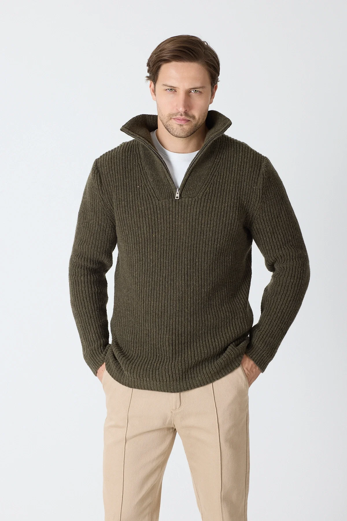 Erkek Dik Yaka Fermuarlı Triko Kazak - Haki