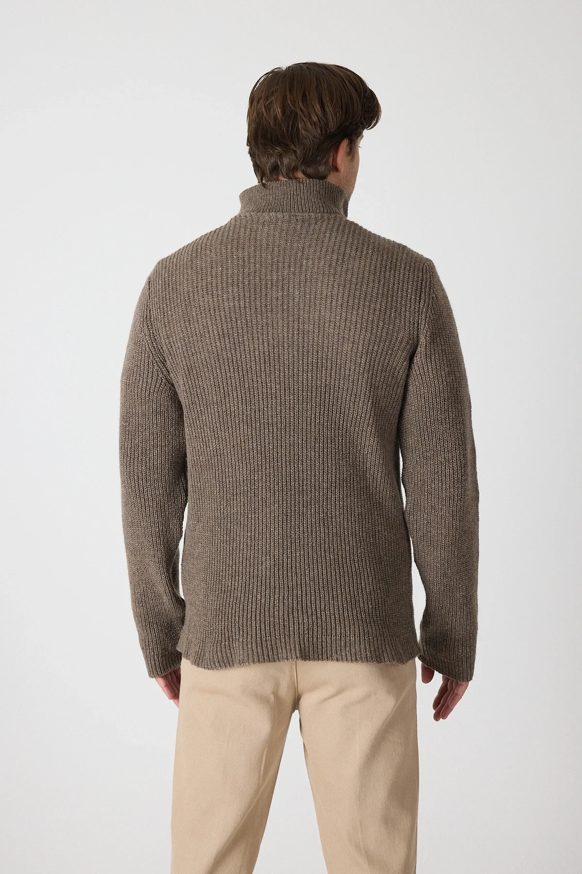 Erkek Dik Yaka Fermuarlı Triko Kazak - Vizon