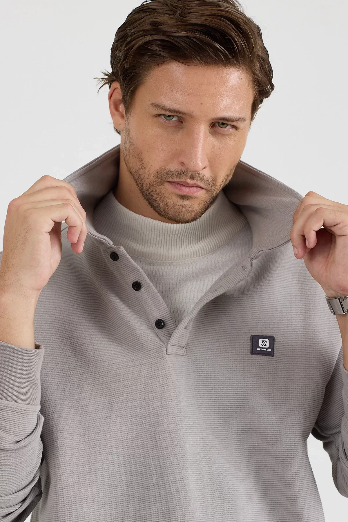 Erkek Polo Yaka Fitilli Sweatshirt Gri