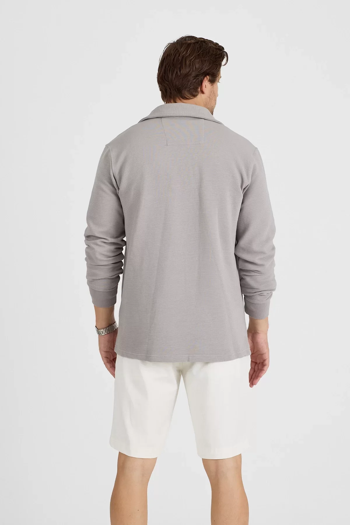 Erkek Polo Yaka Fitilli Sweatshirt Gri