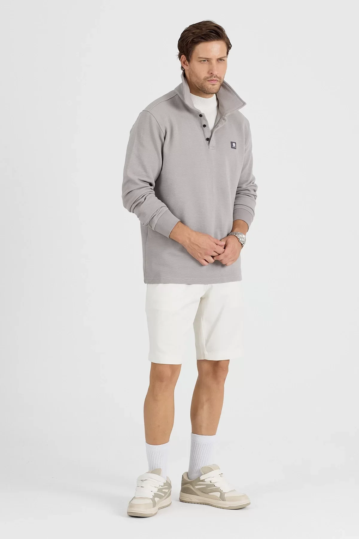 Erkek Polo Yaka Fitilli Sweatshirt Gri