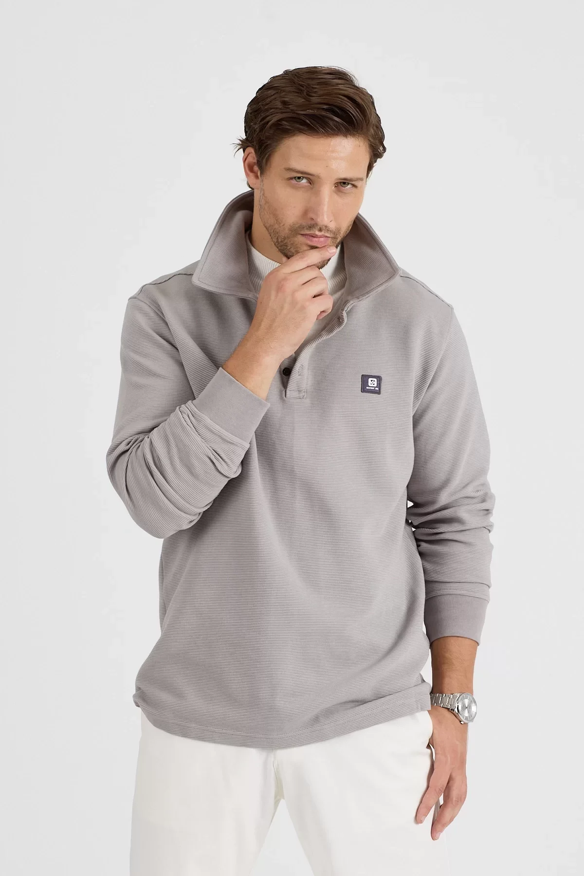 Erkek Polo Yaka Fitilli Sweatshirt Gri