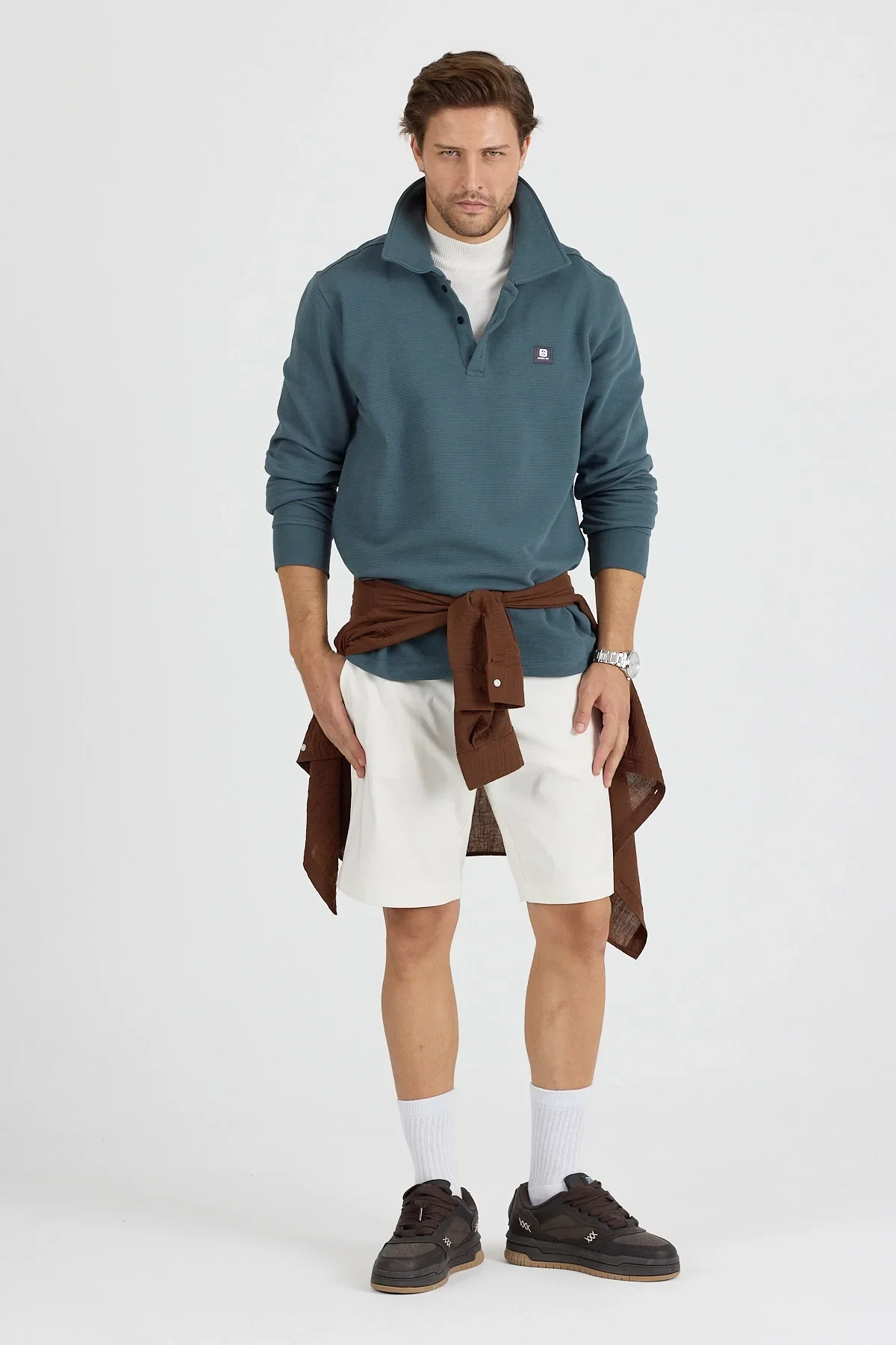 Erkek Polo Yaka Fitilli Sweatshirt Mint