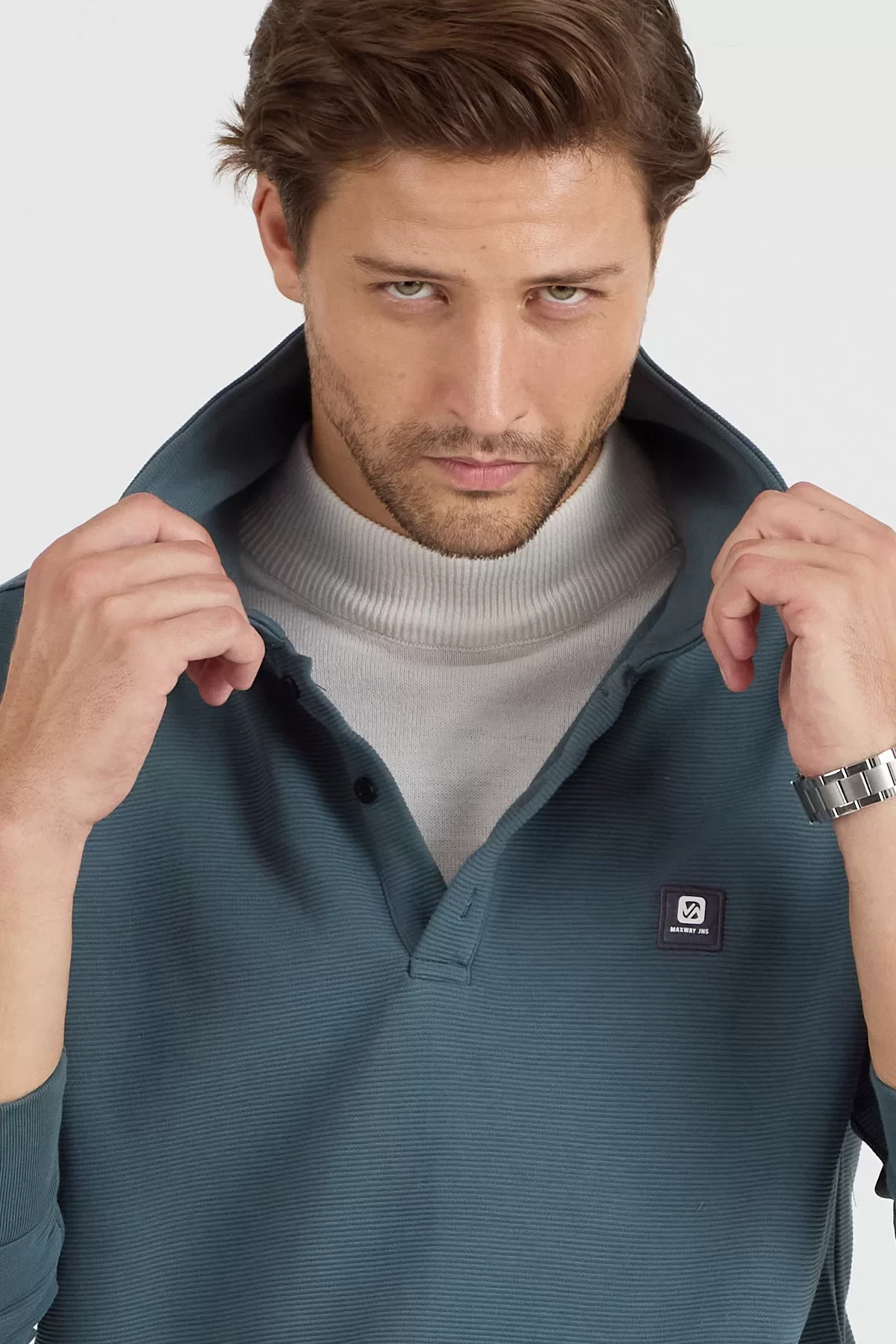 Erkek Polo Yaka Fitilli Sweatshirt Mint