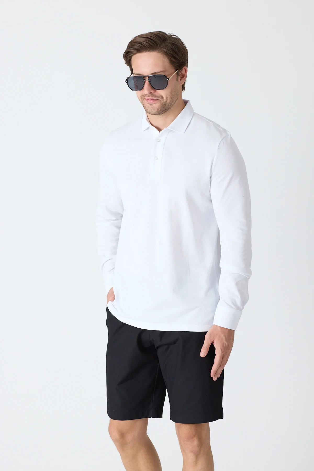 Erkek Polo Yaka Uzun Kollu Sweatshirt - Beyaz