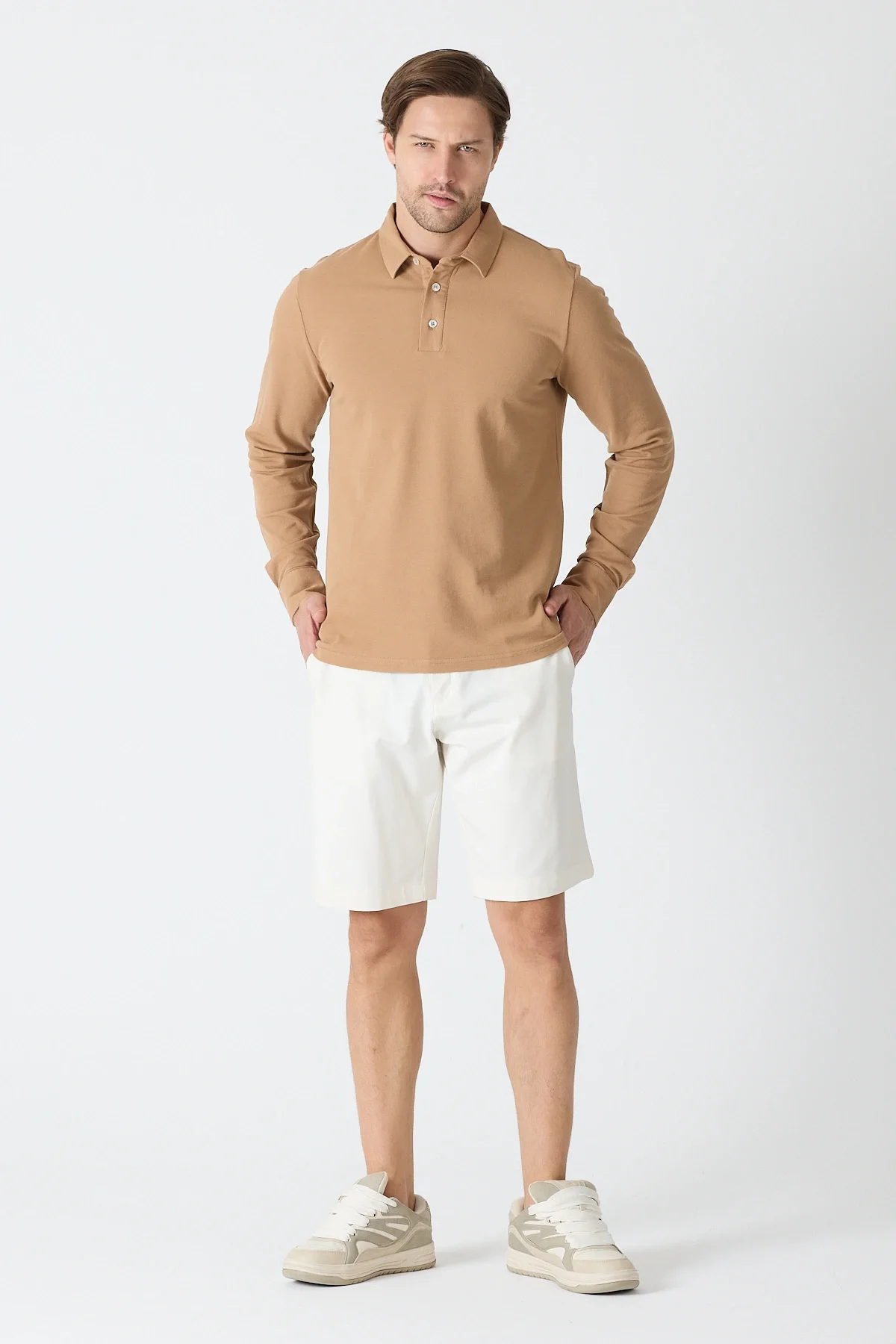 Erkek Polo Yaka Uzun Kollu Sweatshirt - Camel
