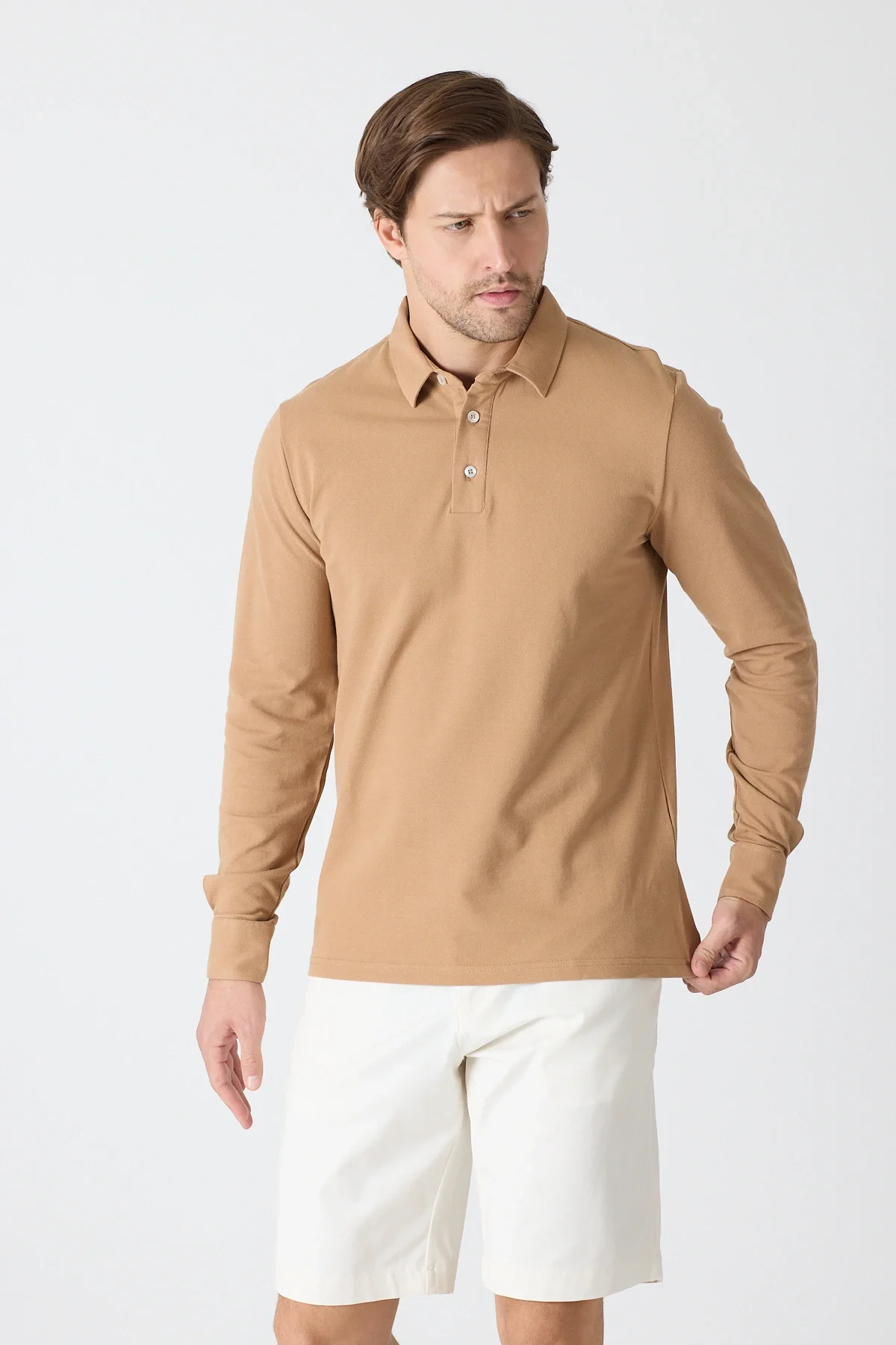 Erkek Polo Yaka Uzun Kollu Sweatshirt - Camel
