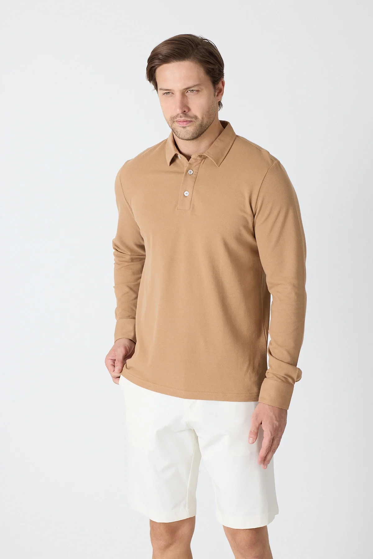 Erkek Polo Yaka Uzun Kollu Sweatshirt - Camel