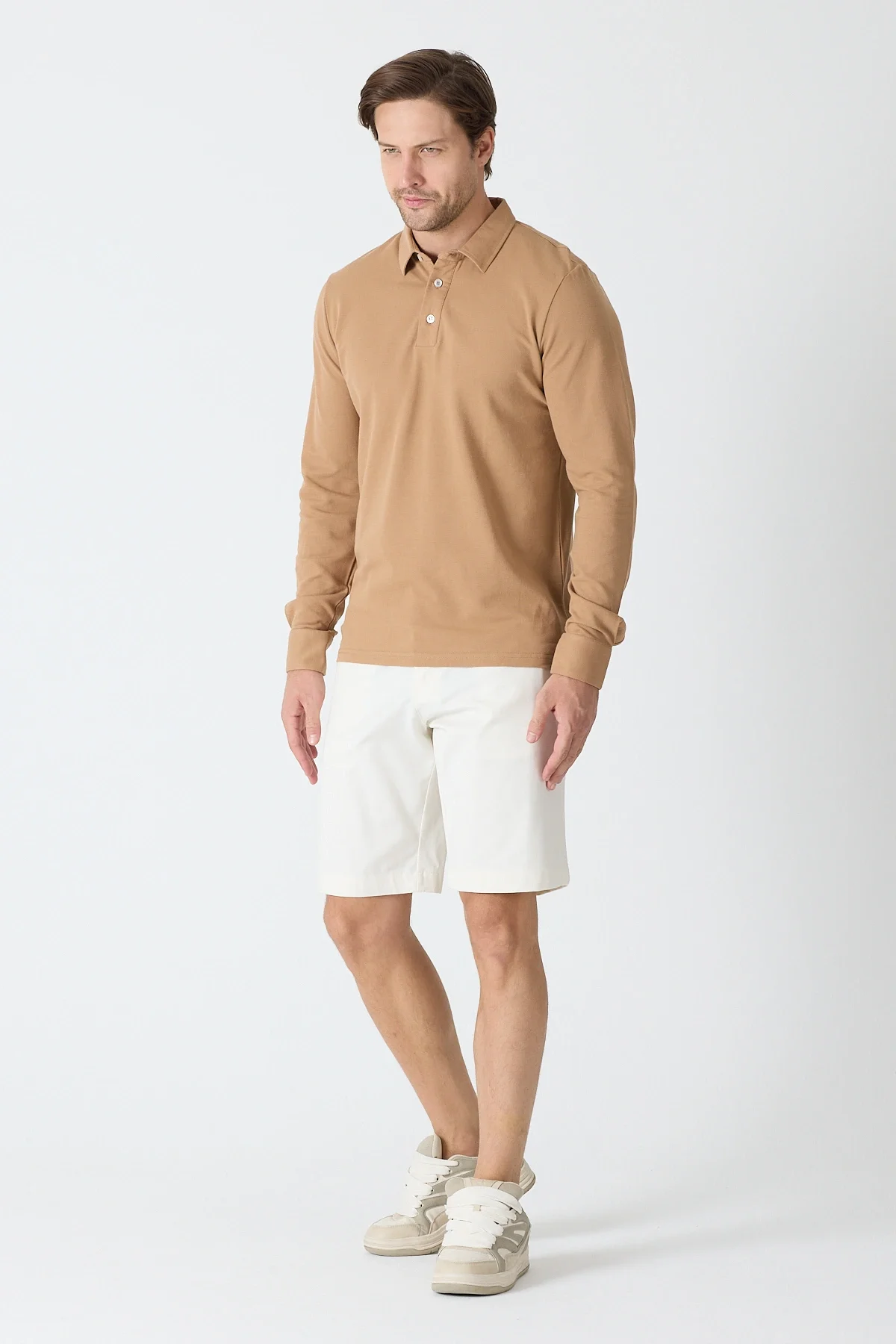 Erkek Polo Yaka Uzun Kollu Sweatshirt - Camel