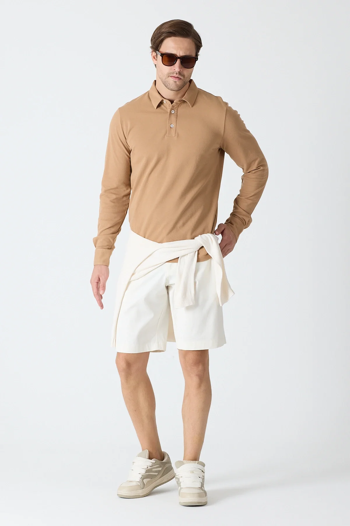 Erkek Polo Yaka Uzun Kollu Sweatshirt - Camel