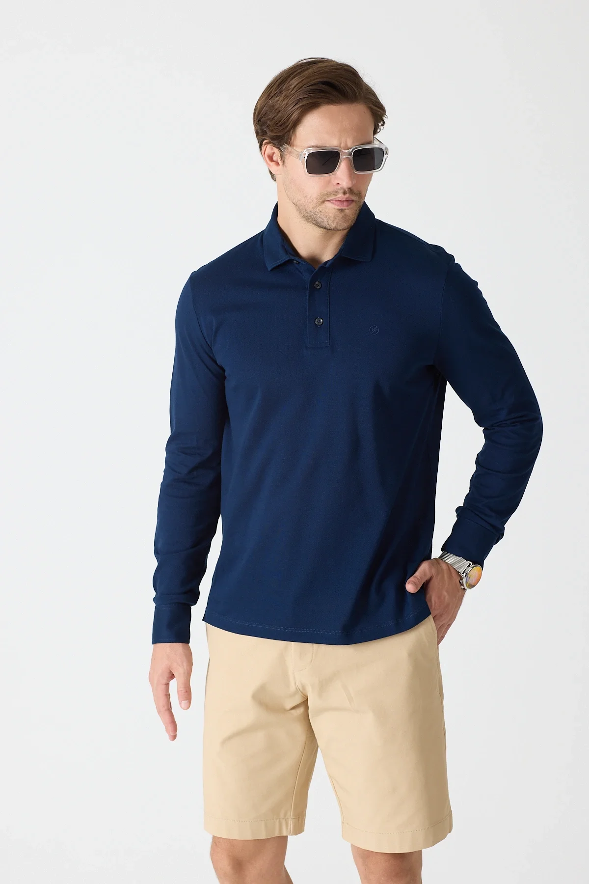 Erkek Polo Yaka Uzun Kollu Sweatshirt - Lacivert