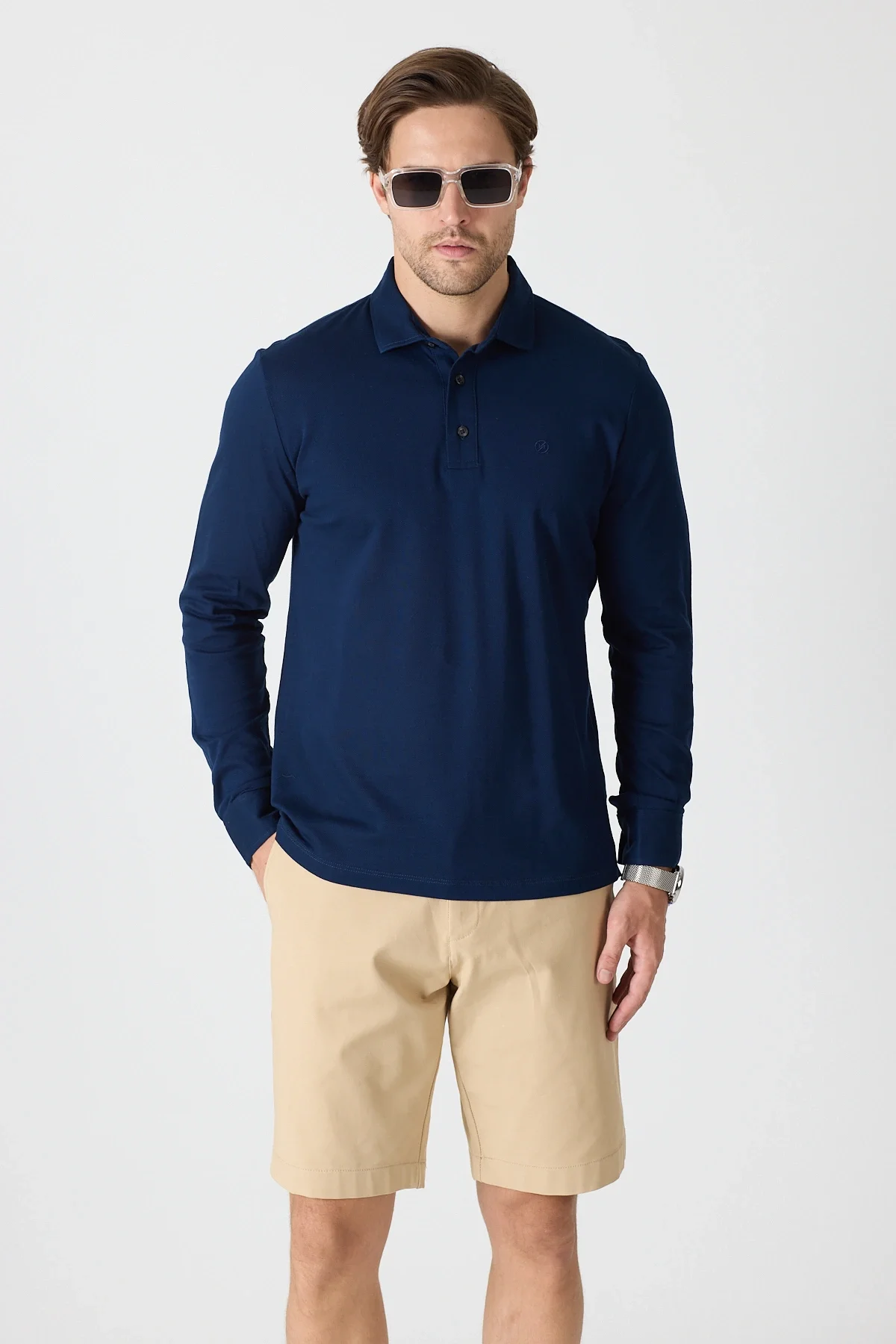 Erkek Polo Yaka Uzun Kollu Sweatshirt - Lacivert