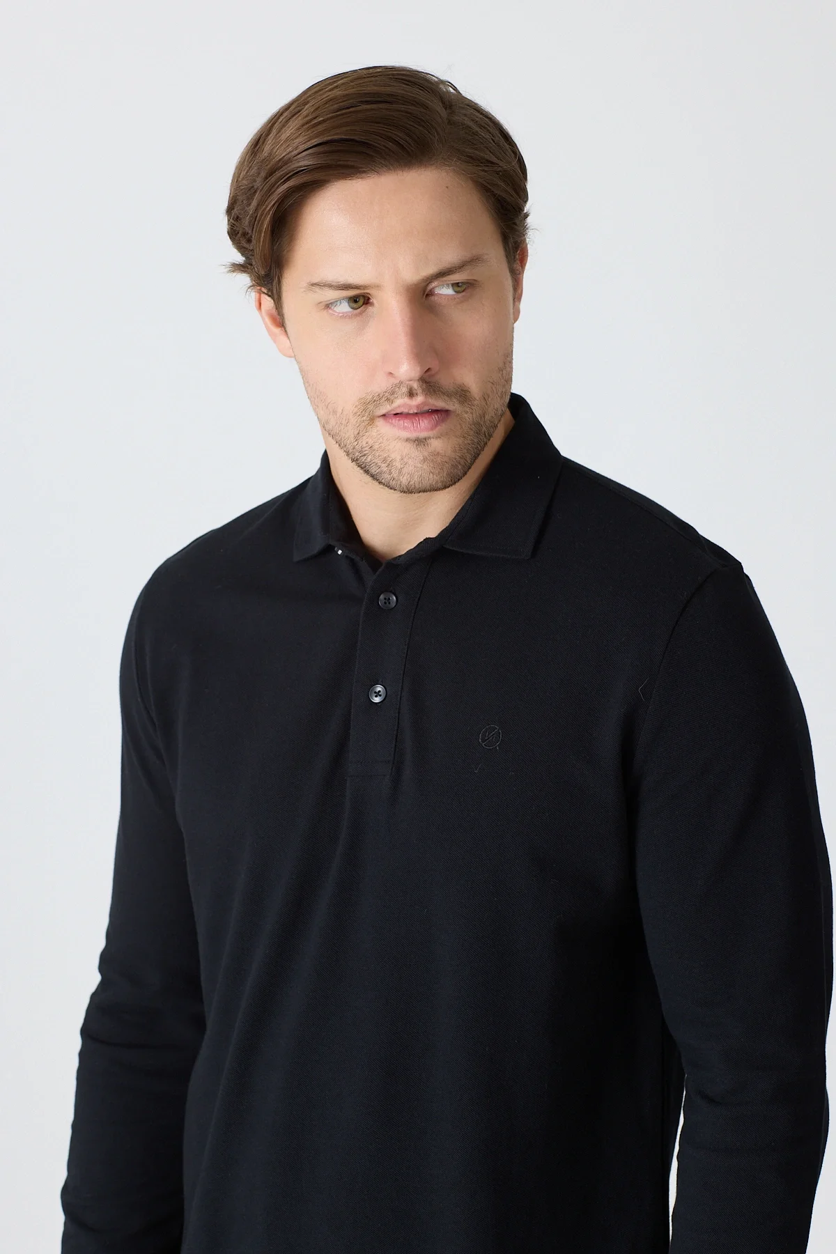 Erkek Polo Yaka Uzun Kollu Sweatshirt - Siyah