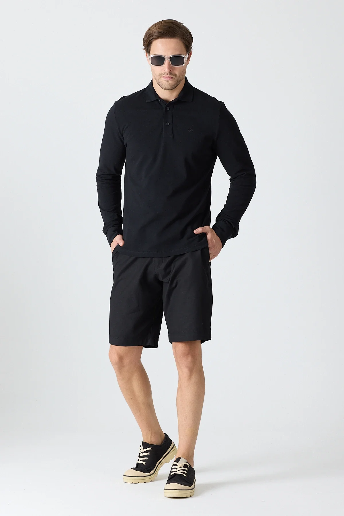 Erkek Polo Yaka Uzun Kollu Sweatshirt - Siyah