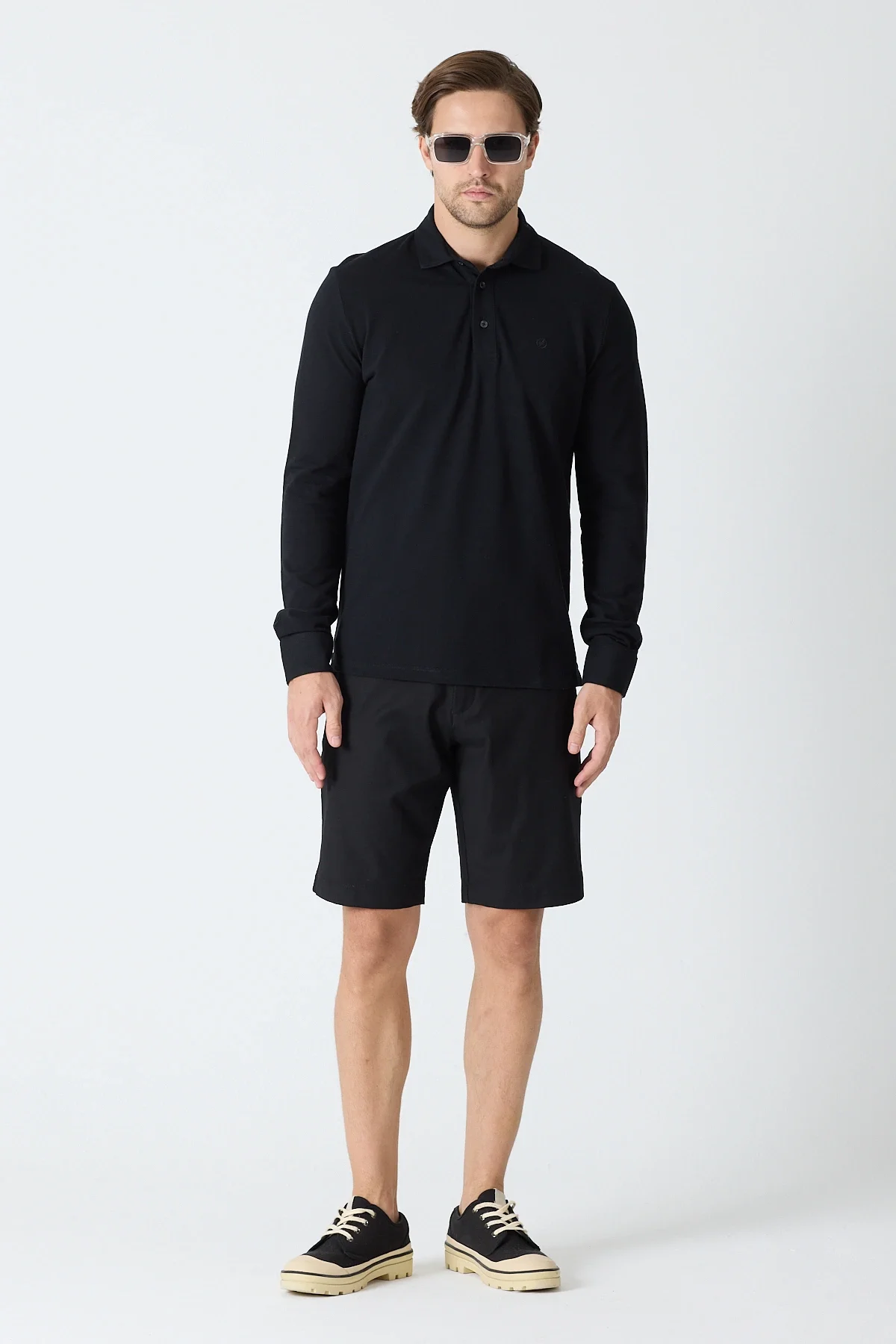 Erkek Polo Yaka Uzun Kollu Sweatshirt - Siyah