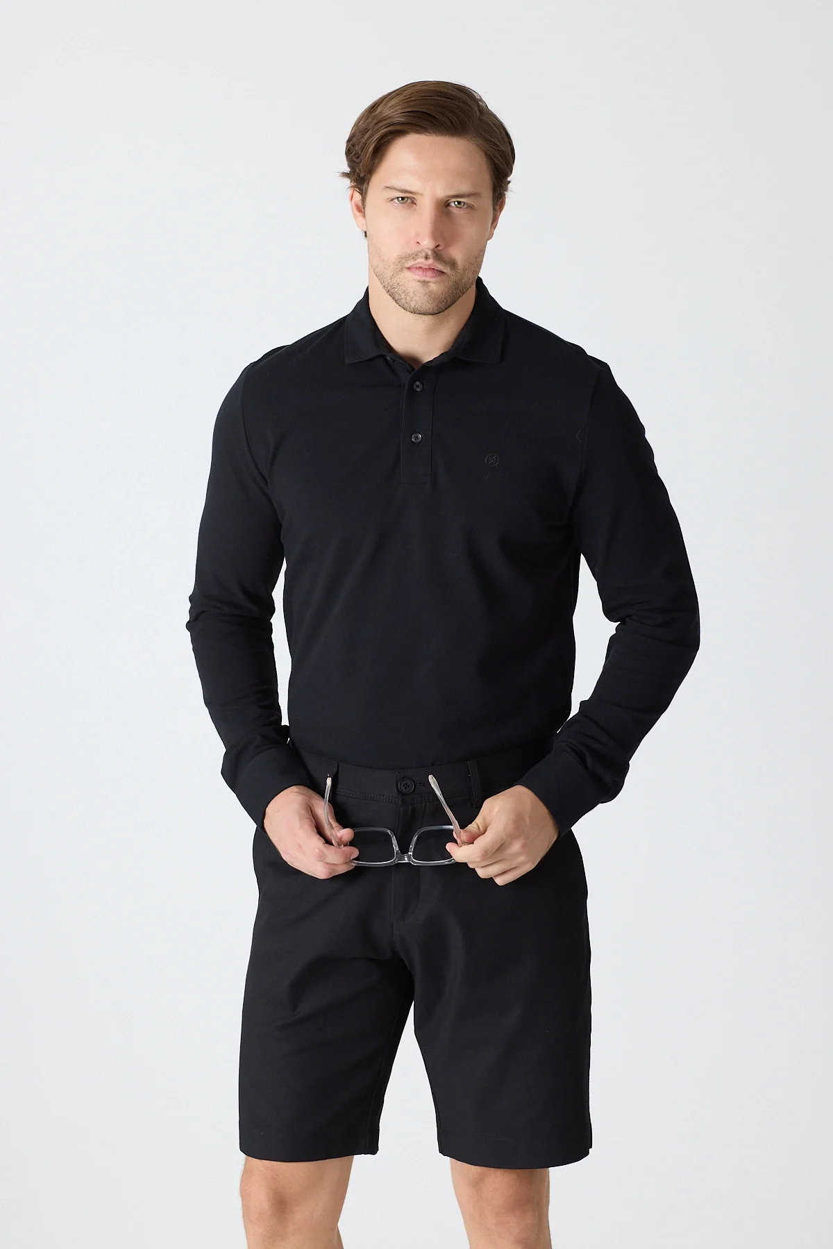 Erkek Polo Yaka Uzun Kollu Sweatshirt - Siyah