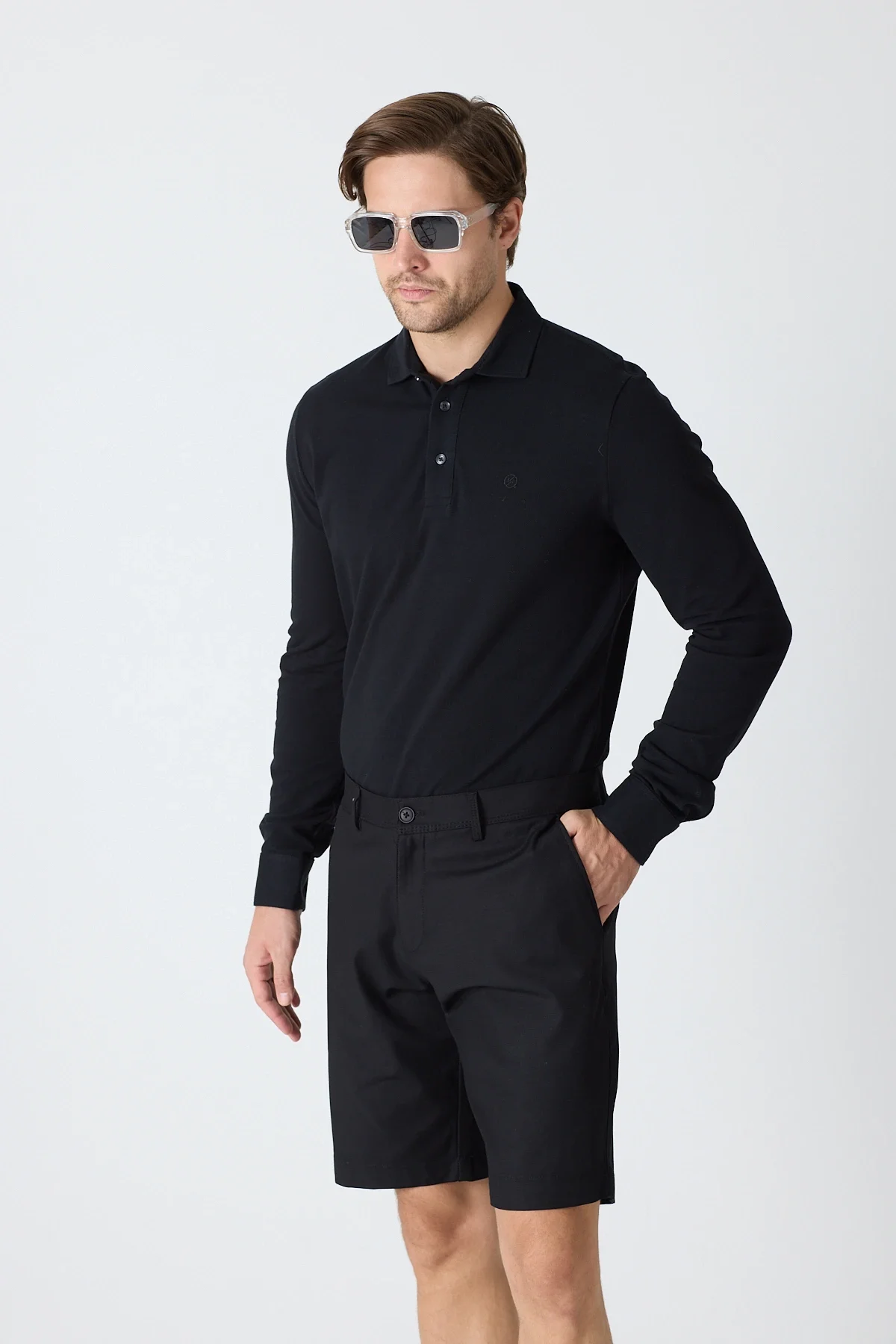 Erkek Polo Yaka Uzun Kollu Sweatshirt - Siyah