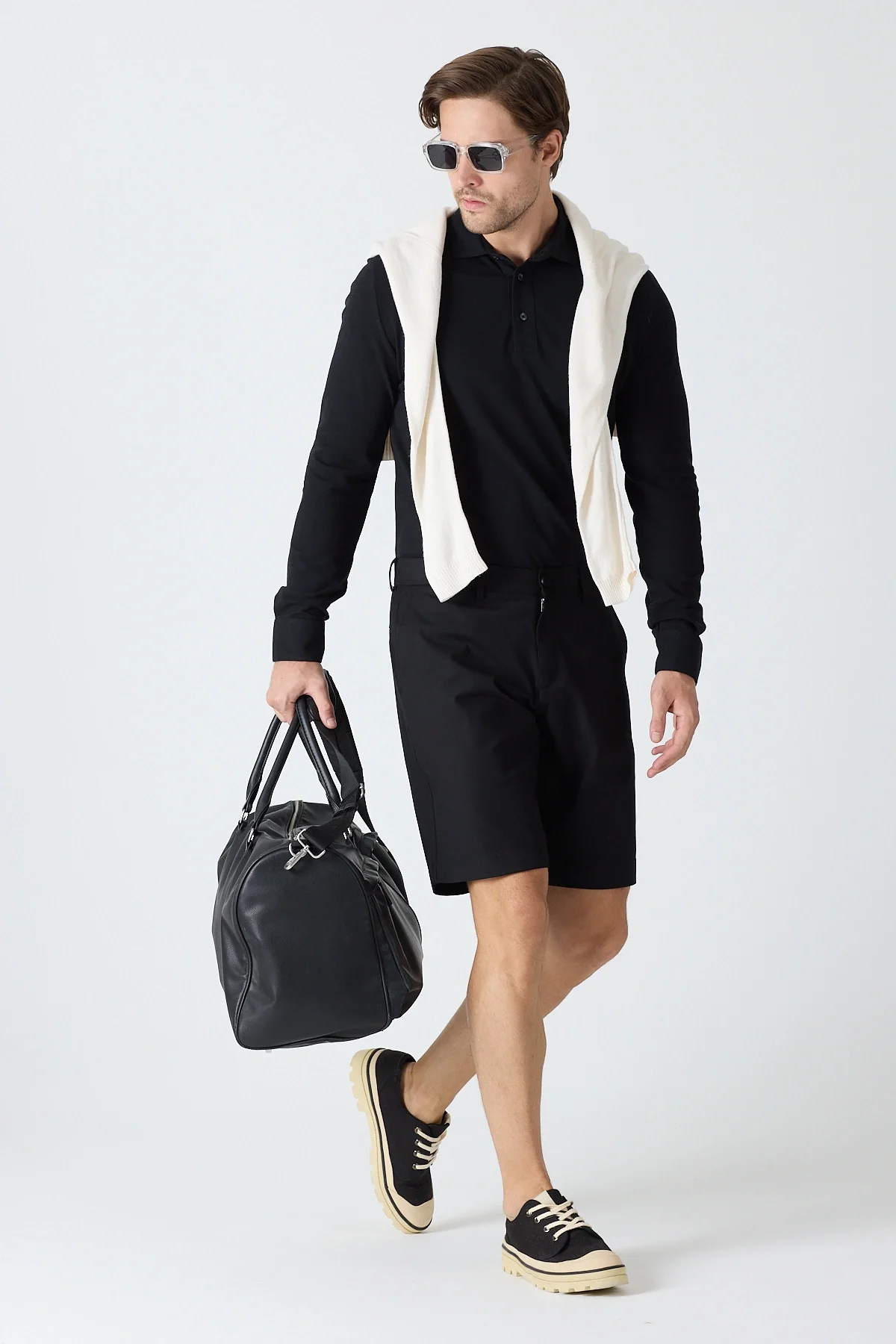 Erkek Polo Yaka Uzun Kollu Sweatshirt - Siyah