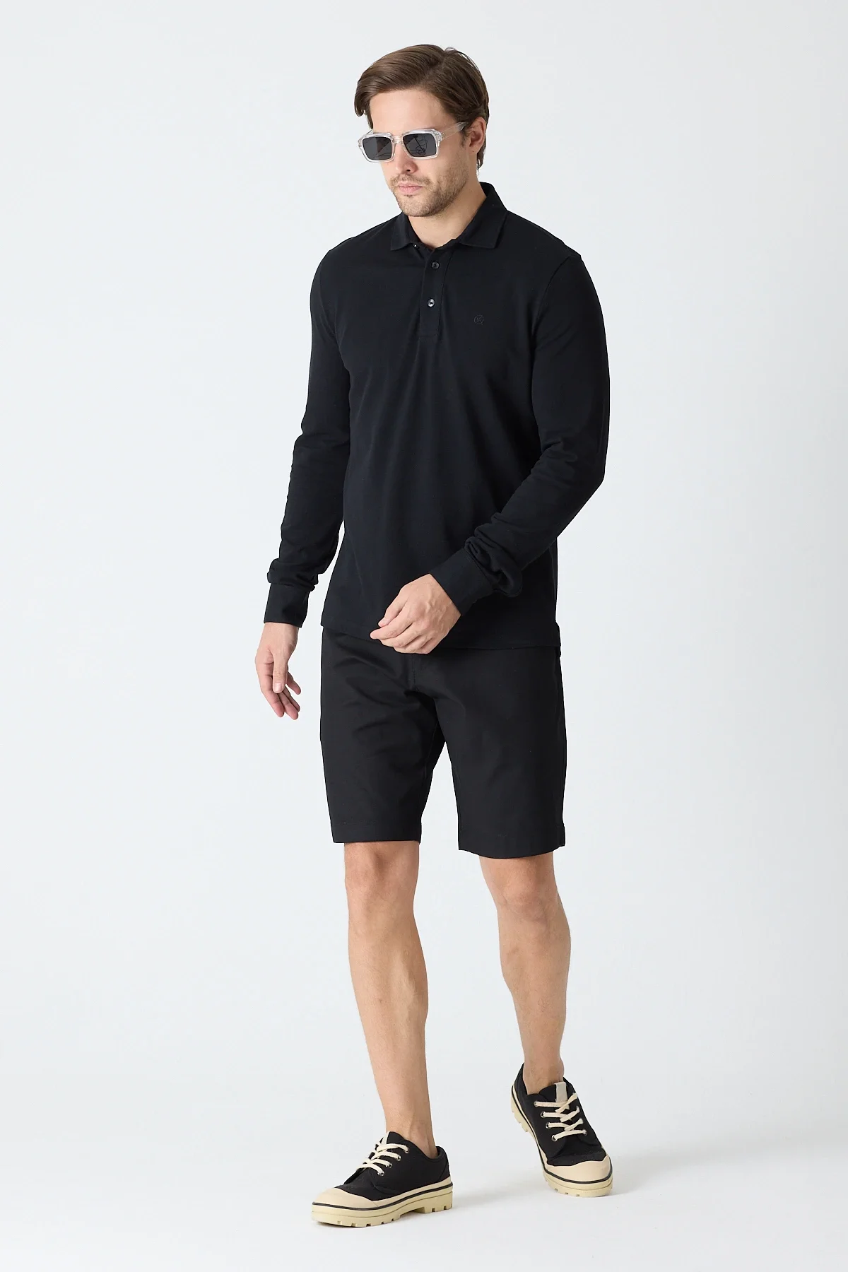 Erkek Polo Yaka Uzun Kollu Sweatshirt - Siyah