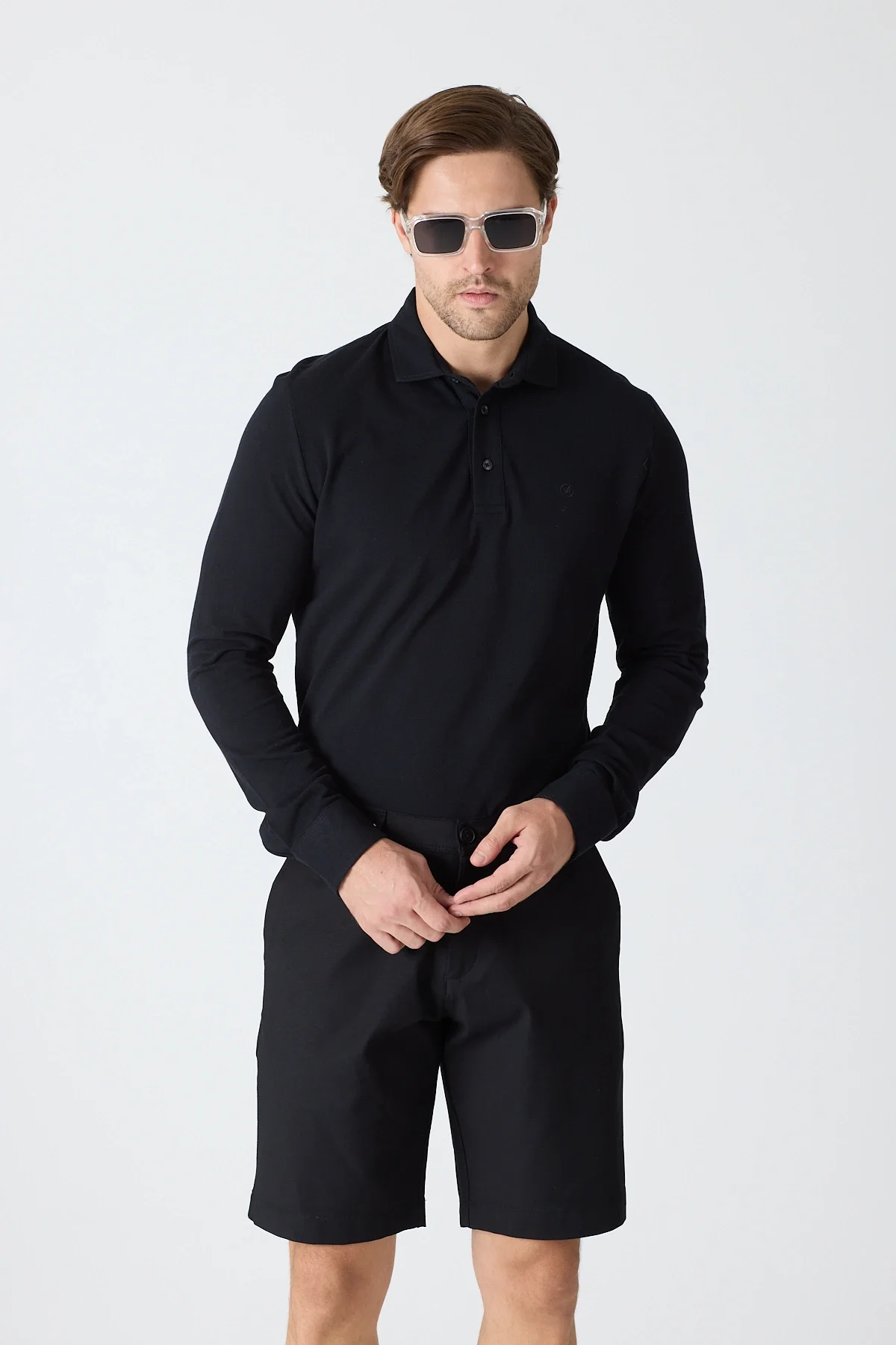 Erkek Polo Yaka Uzun Kollu Sweatshirt - Siyah