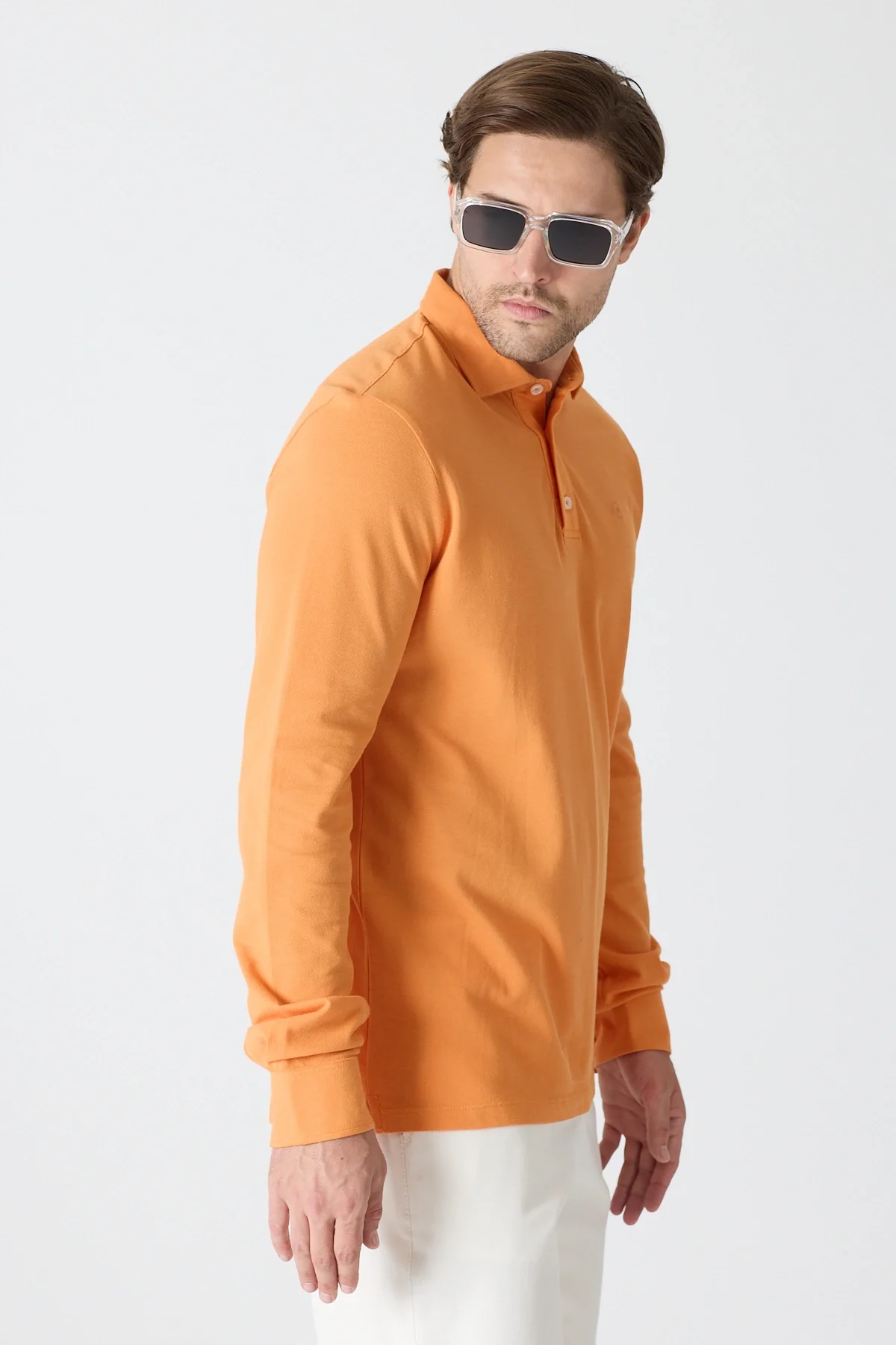 Erkek Polo Yaka Uzun Kollu Sweatshirt - Turuncu