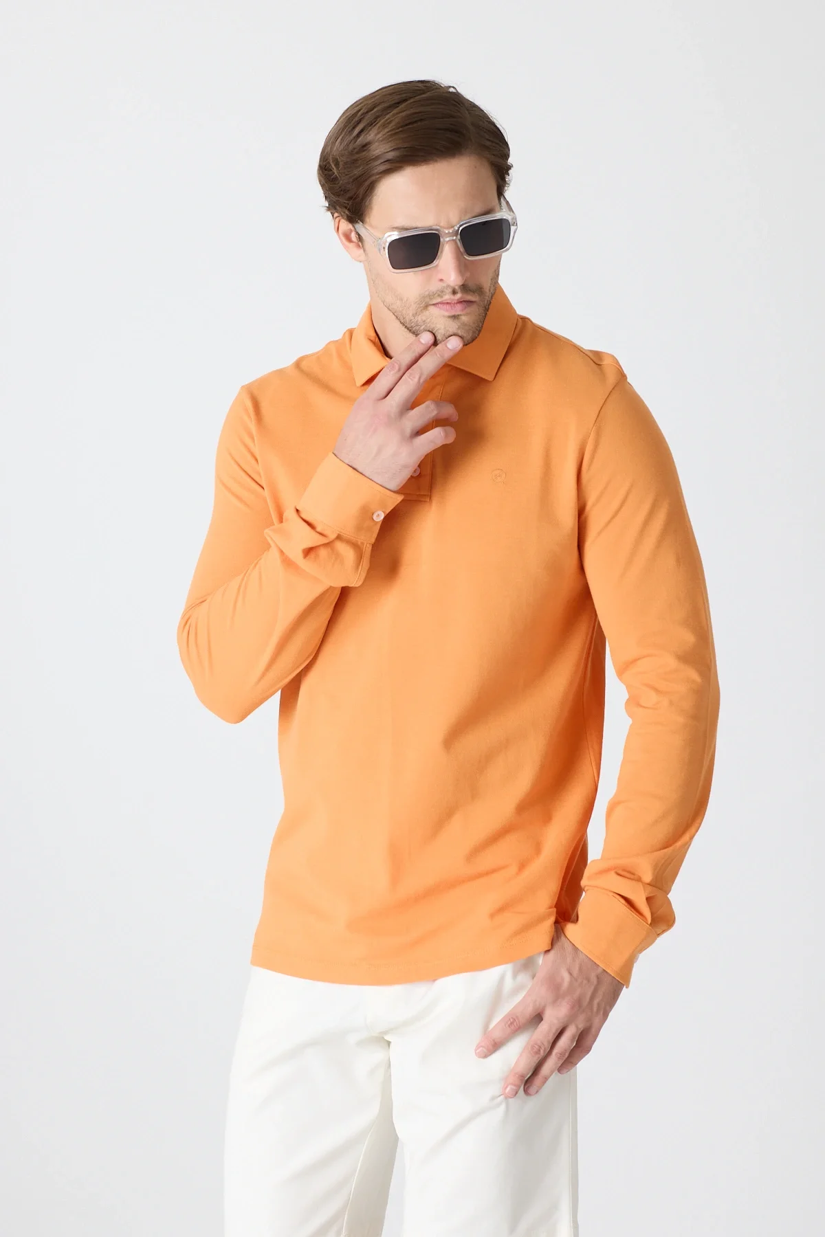 Erkek Polo Yaka Uzun Kollu Sweatshirt - Turuncu