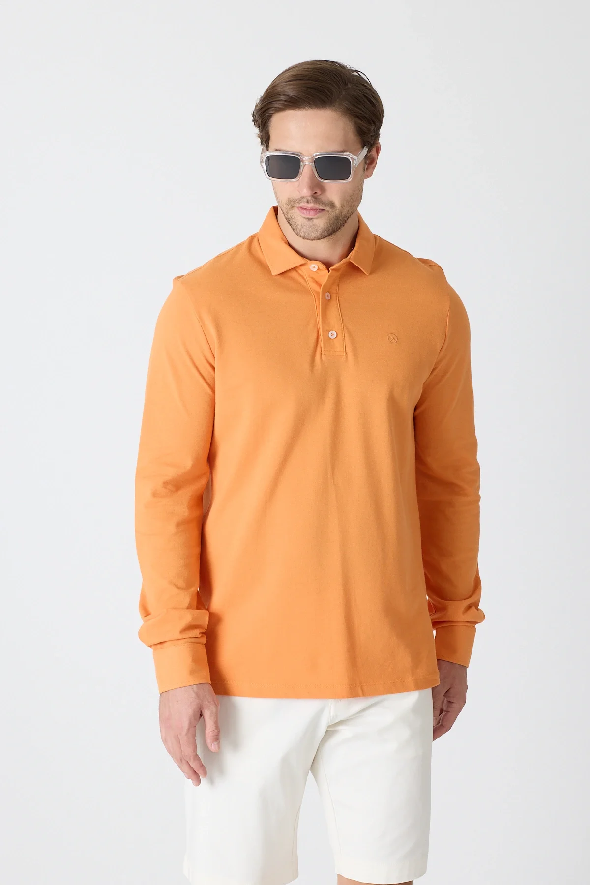 Erkek Polo Yaka Uzun Kollu Sweatshirt - Turuncu