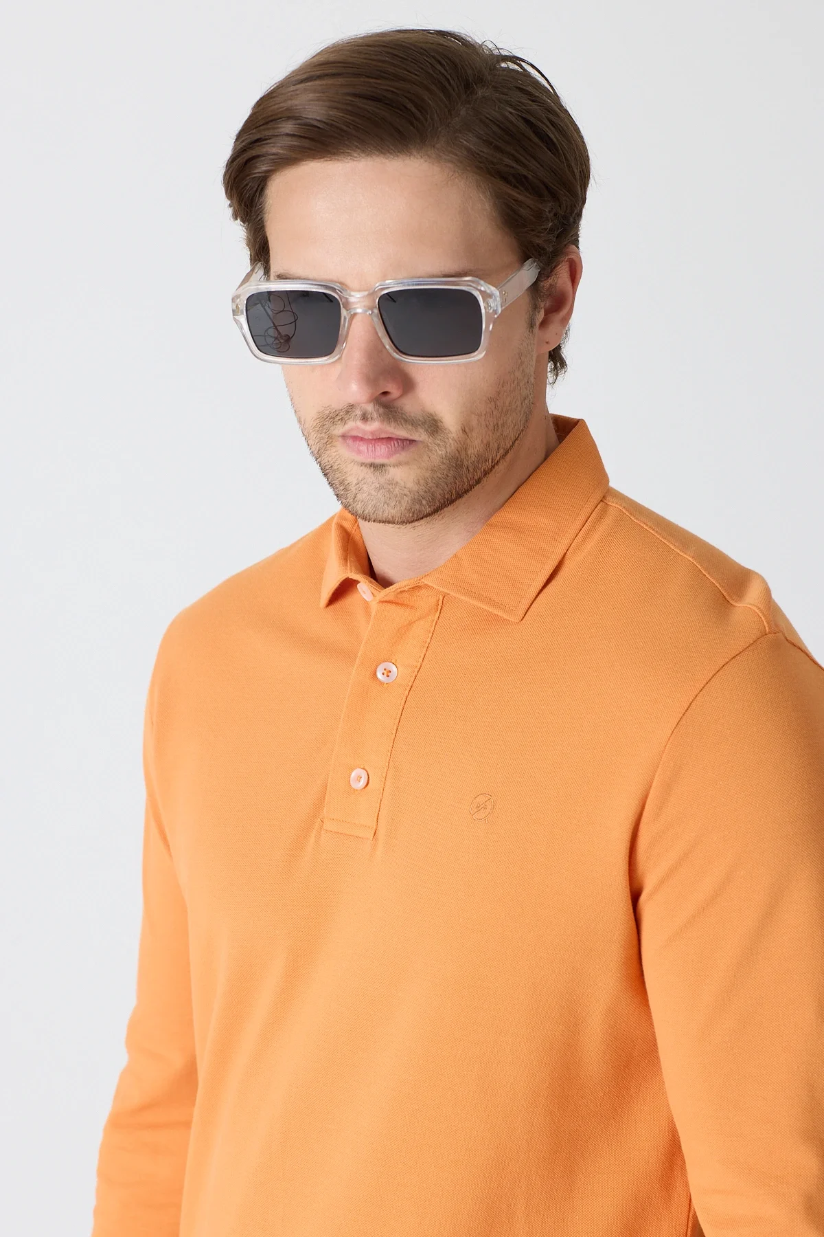 Erkek Polo Yaka Uzun Kollu Sweatshirt - Turuncu