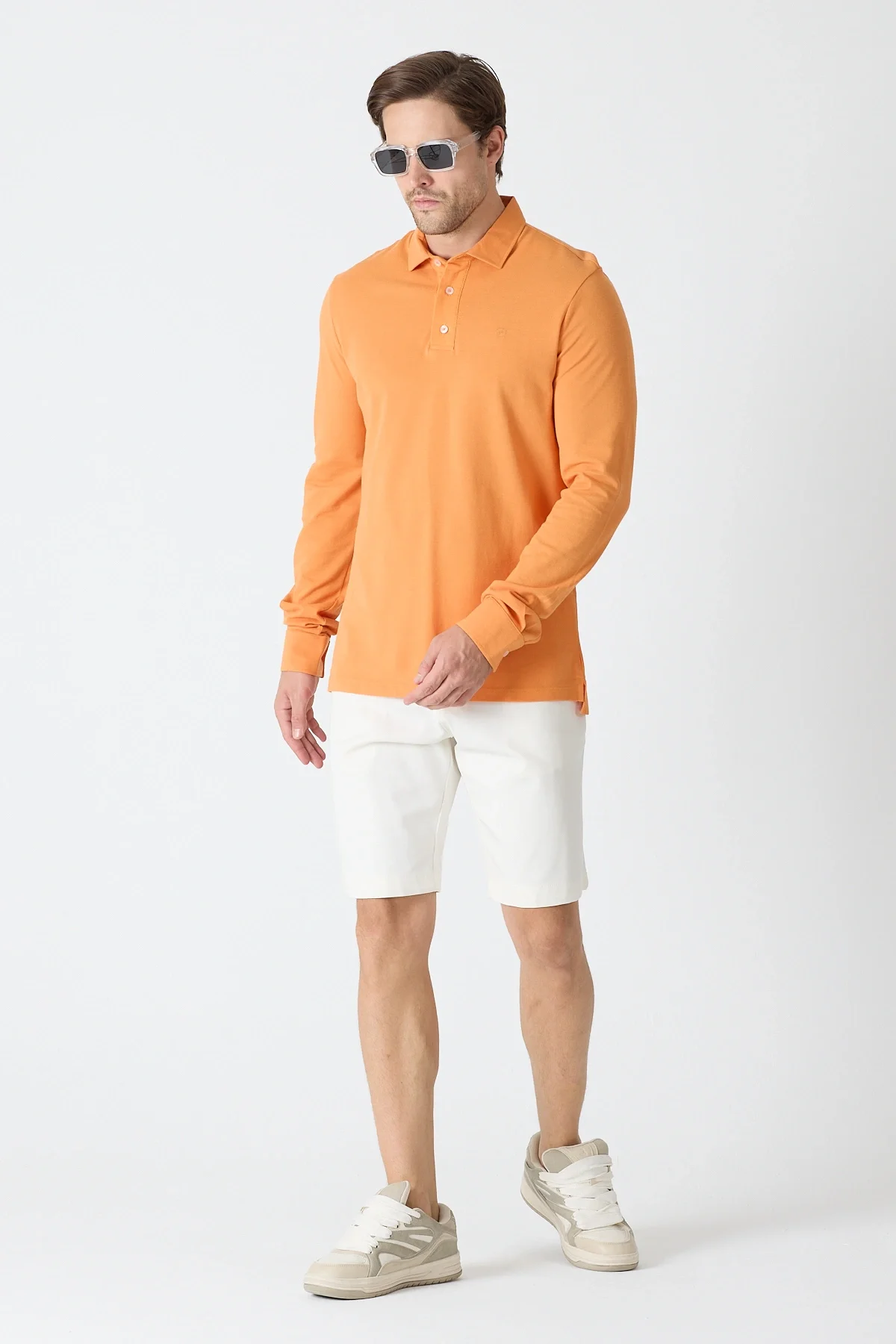 Erkek Polo Yaka Uzun Kollu Sweatshirt - Turuncu